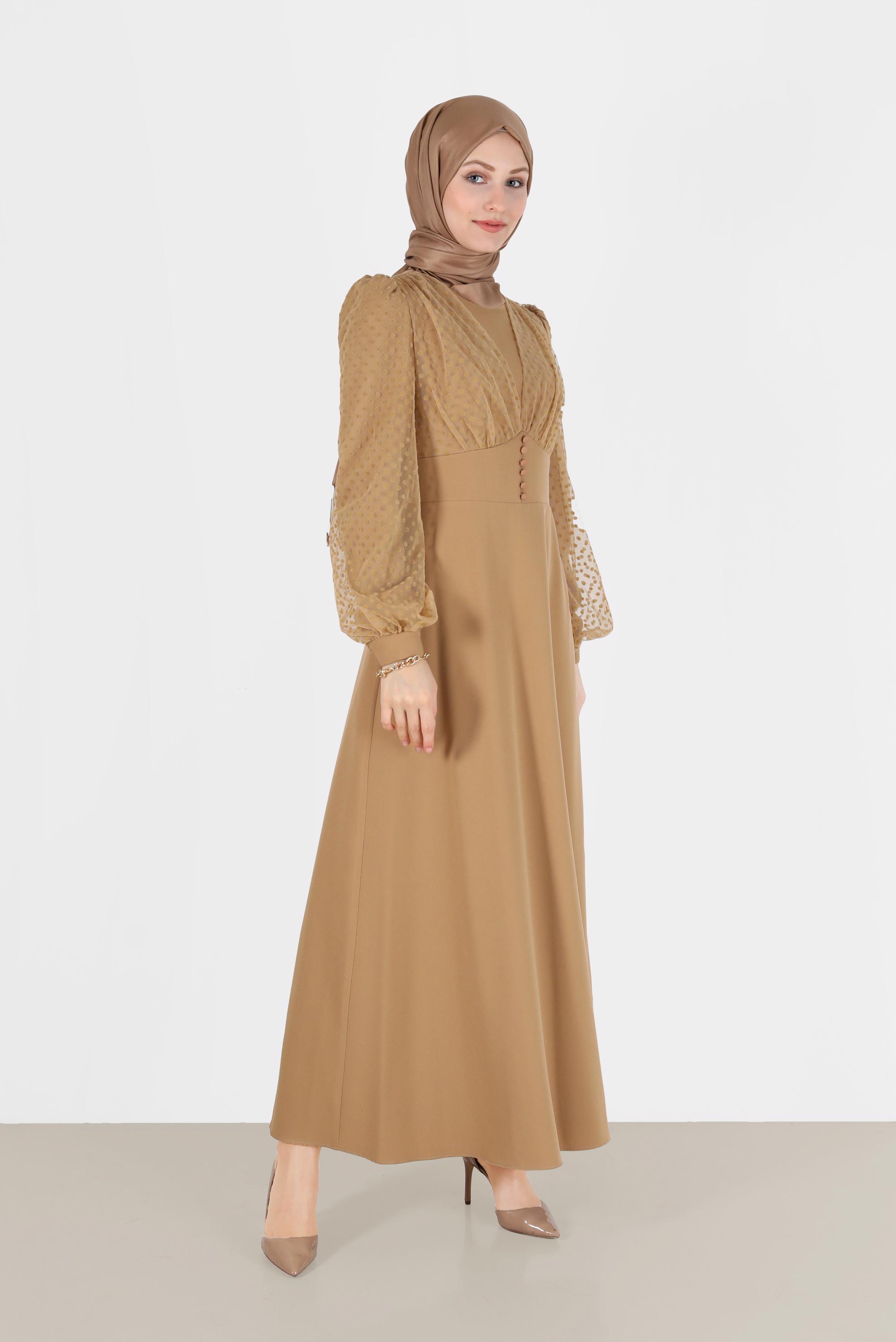 Tesettür giyim KAHVE KOLLARI PUANTİYELİ TÜL DETAYLI DÜĞMELİ ELBİSE 42334 