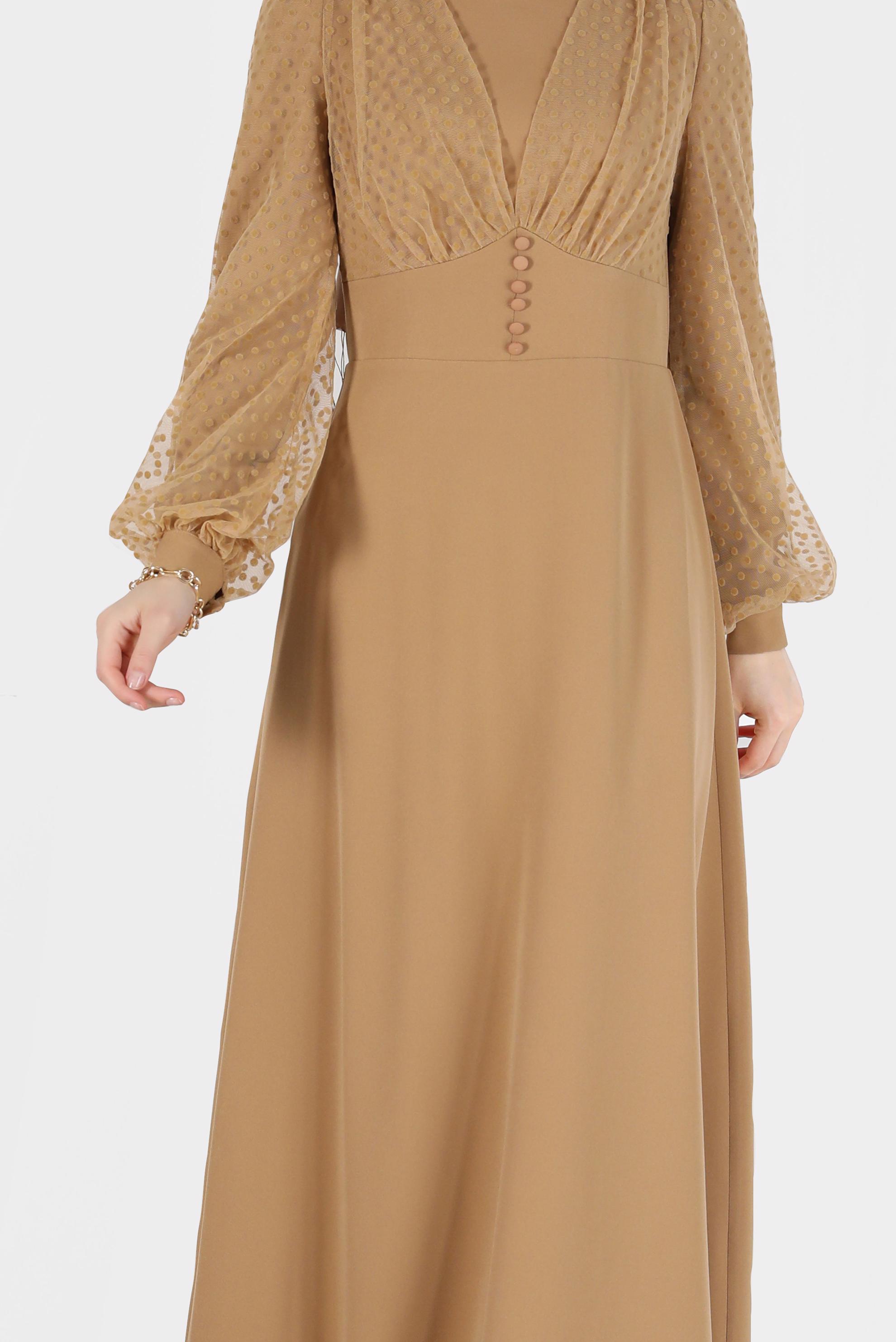 Tesettür giyim KAHVE KOLLARI PUANTİYELİ TÜL DETAYLI DÜĞMELİ ELBİSE 42334 