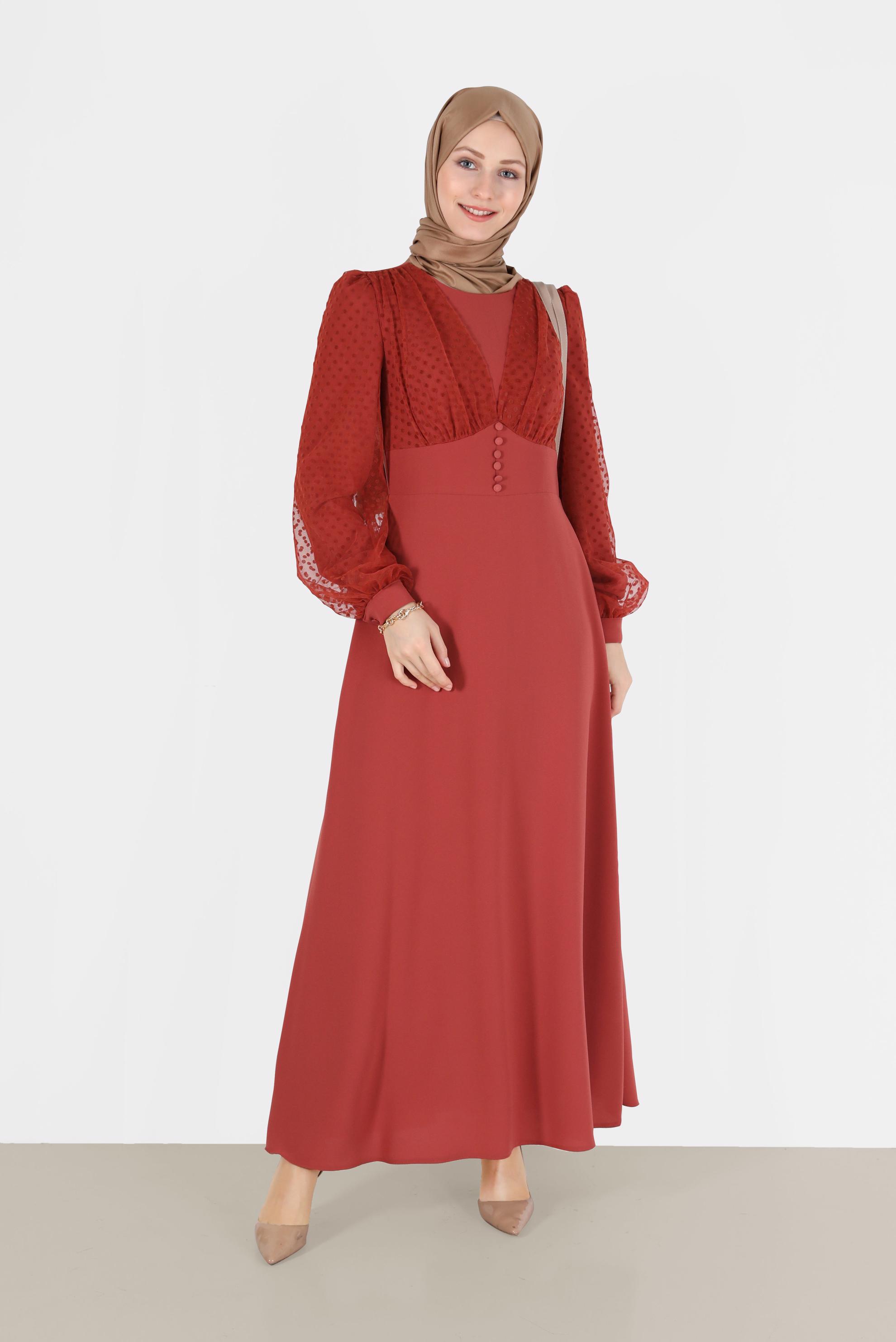 Tesettür giyim TURUNCU KOLLARI PUANTİYELİ TÜL DETAYLI DÜĞMELİ ELBİSE 42334 