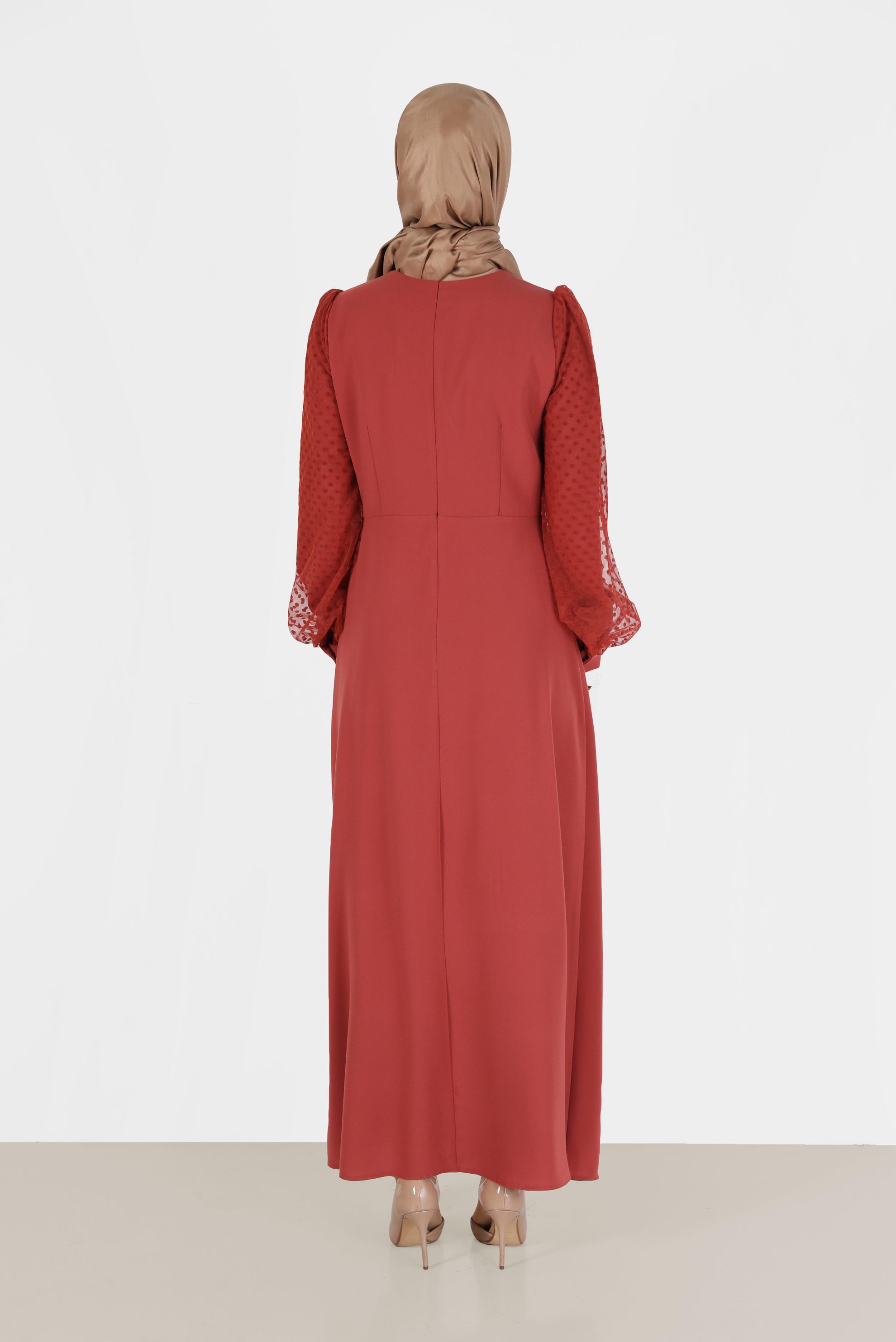 Tesettür giyim TURUNCU KOLLARI PUANTİYELİ TÜL DETAYLI DÜĞMELİ ELBİSE 42334 