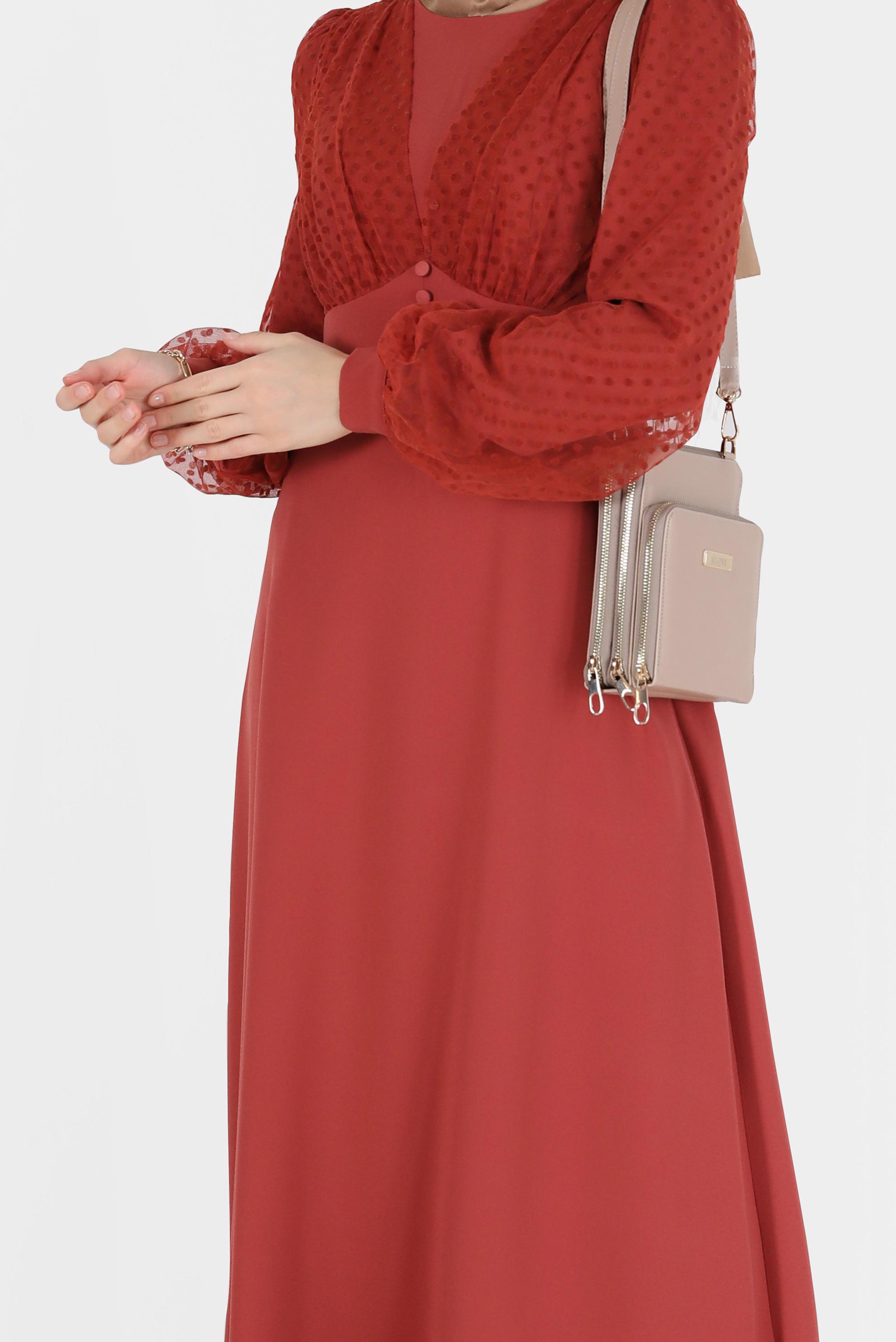 Tesettür giyim TURUNCU KOLLARI PUANTİYELİ TÜL DETAYLI DÜĞMELİ ELBİSE 42334 