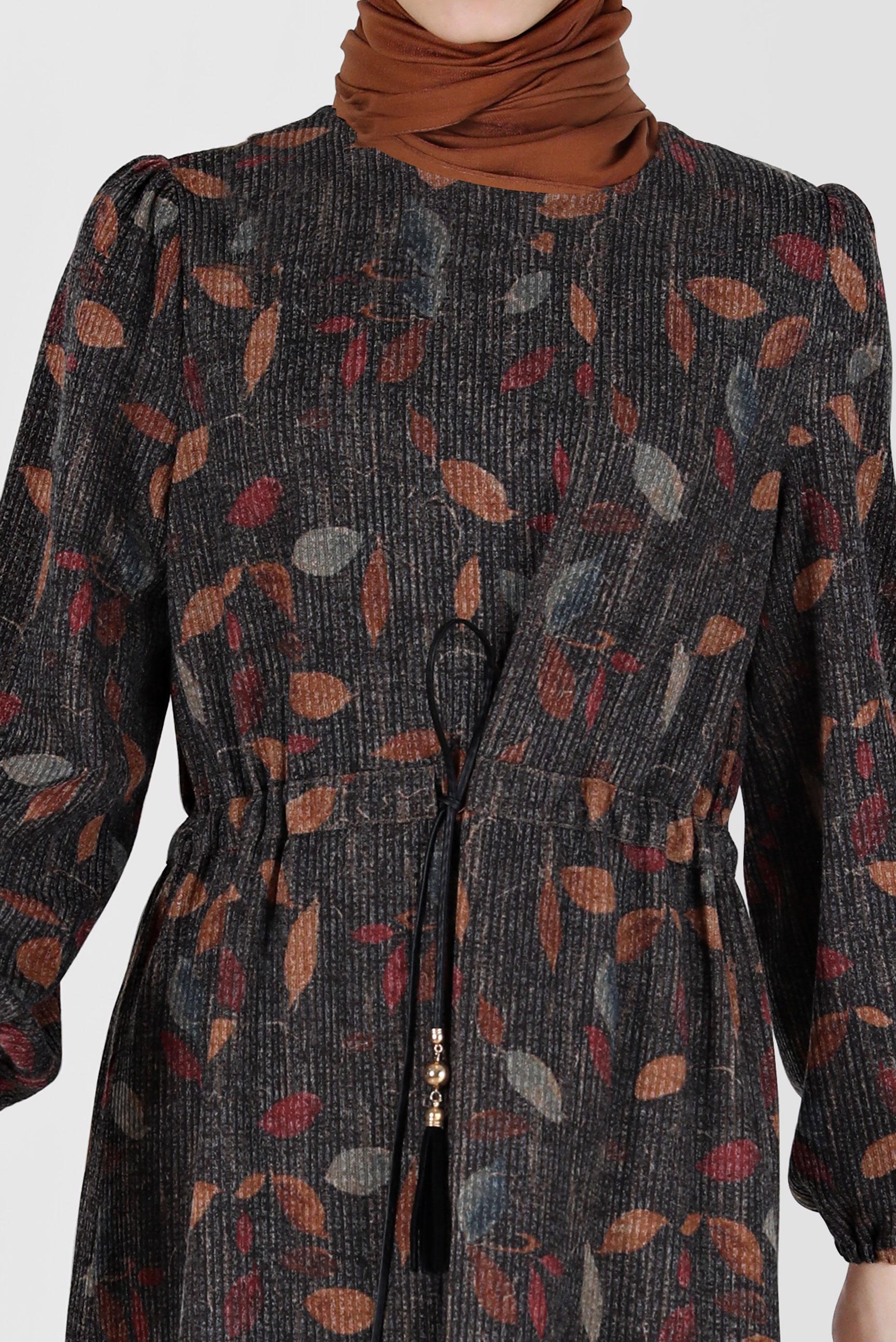 Tesettür giyim SİYAH BELİ BÜZGÜLÜ MANŞETLERİ LASTİKLİ DESENLİ ELBİSE 42336 