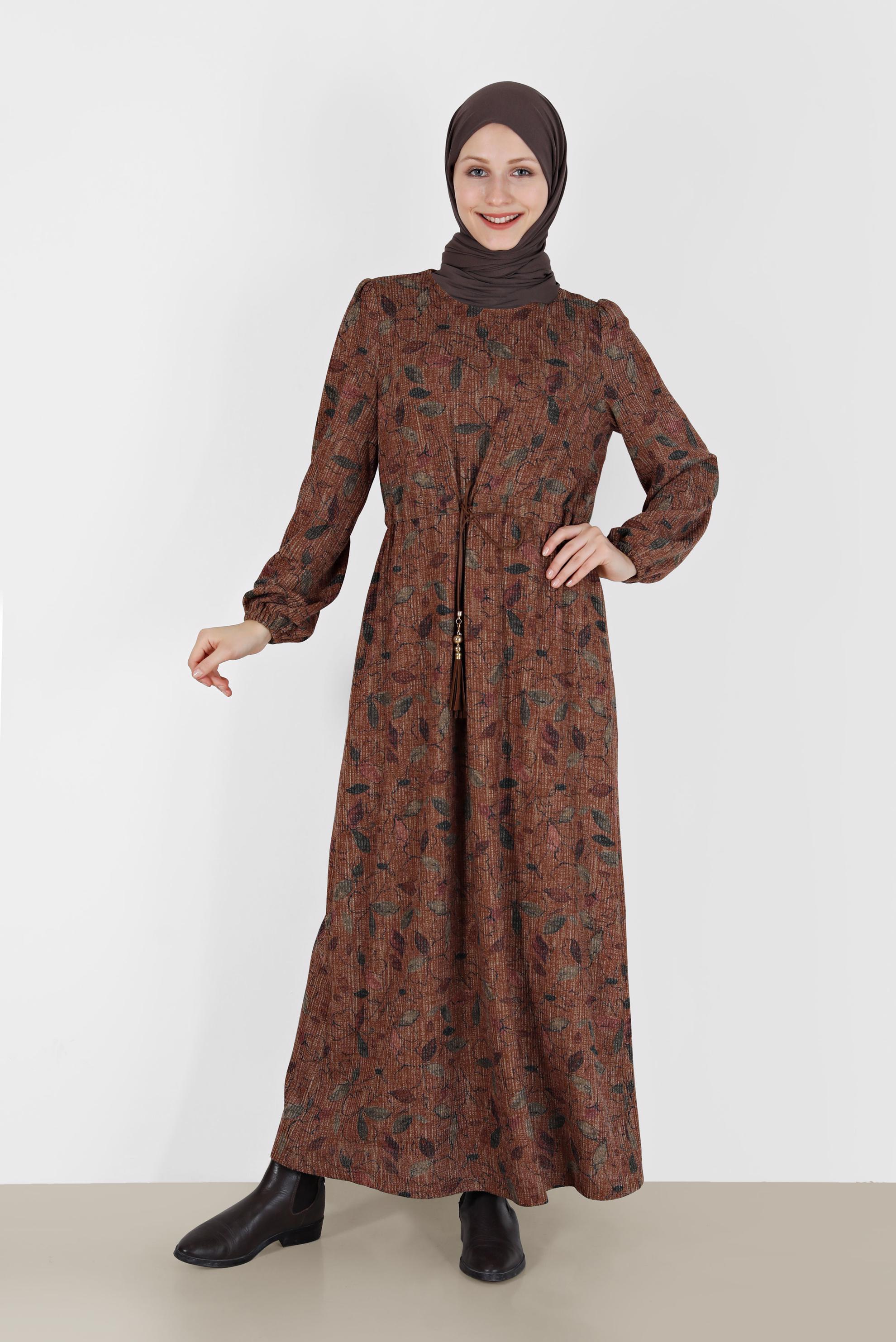 Tesettür giyim TABA BELİ BÜZGÜLÜ MANŞETLERİ LASTİKLİ DESENLİ ELBİSE 42336 