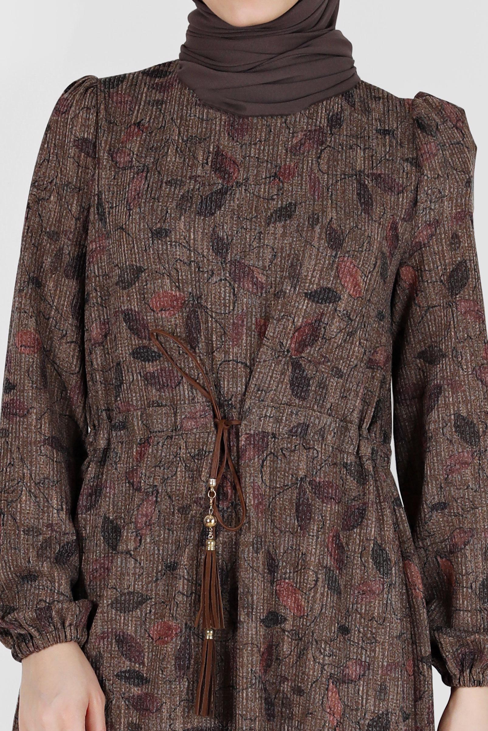 Tesettür giyim VİZON BELİ BÜZGÜLÜ MANŞETLERİ LASTİKLİ DESENLİ ELBİSE 42336 