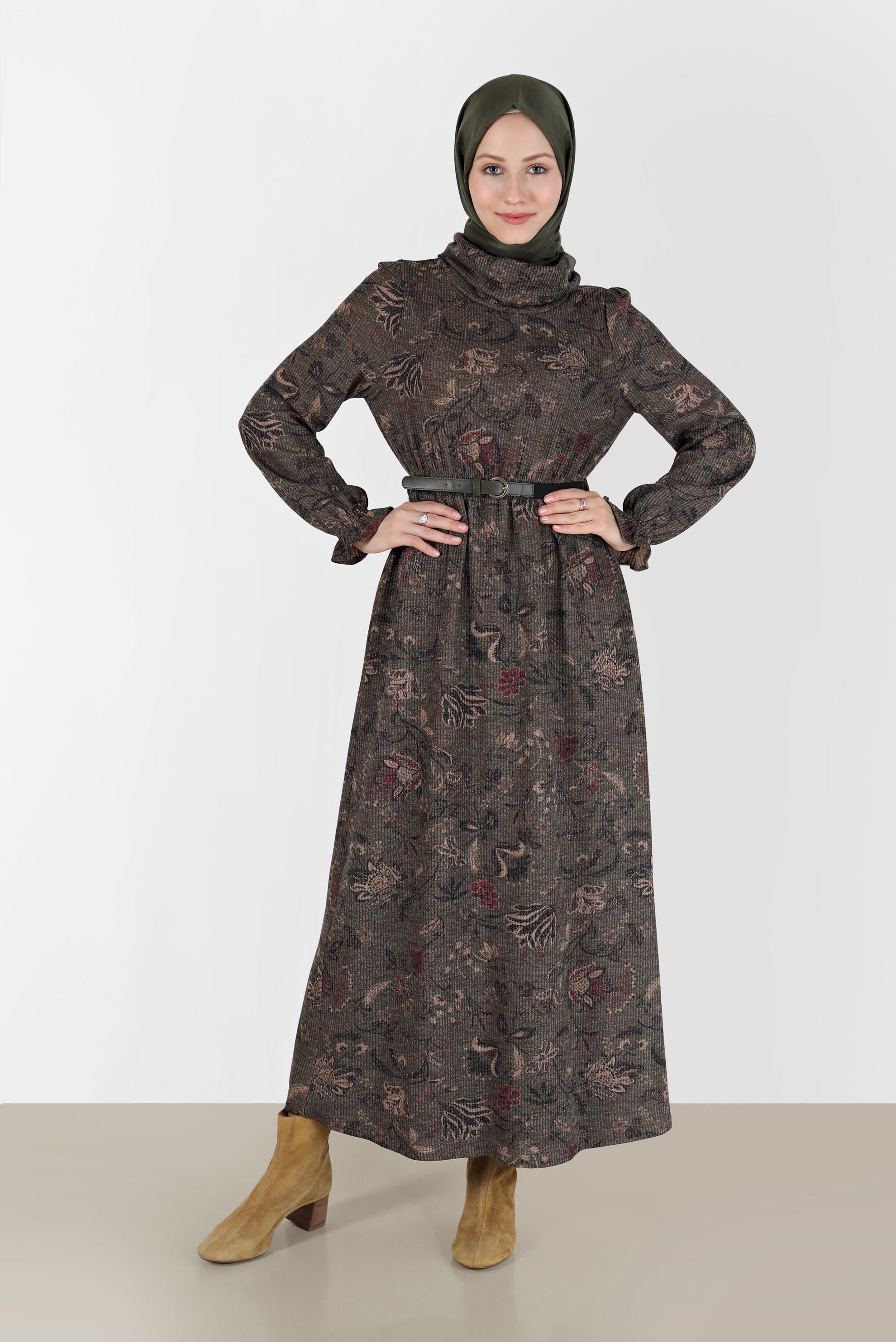 Tesettür giyim HAKİ MANŞETLERİ LASTİKLİ DESENLİ ELBİSE 42337 