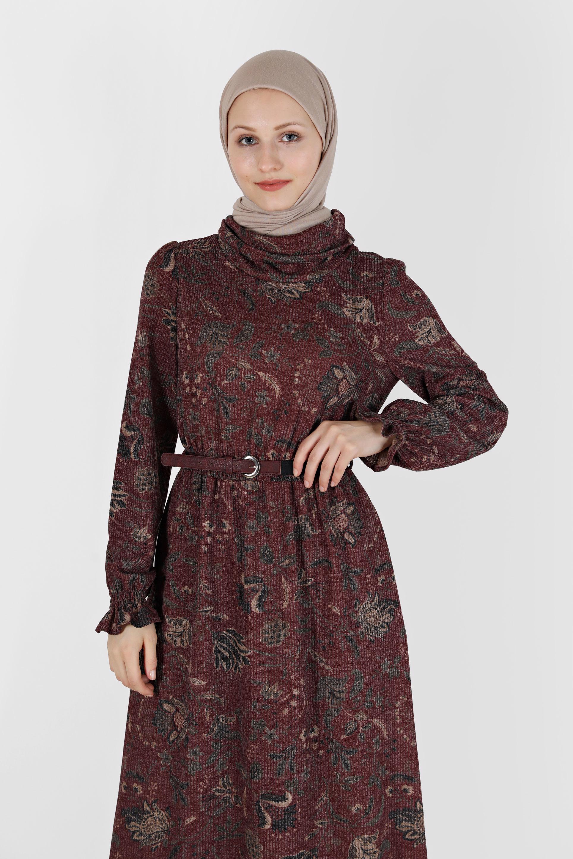 Tesettür giyim MÜRDÜM MANŞETLERİ LASTİKLİ DESENLİ ELBİSE 42337 