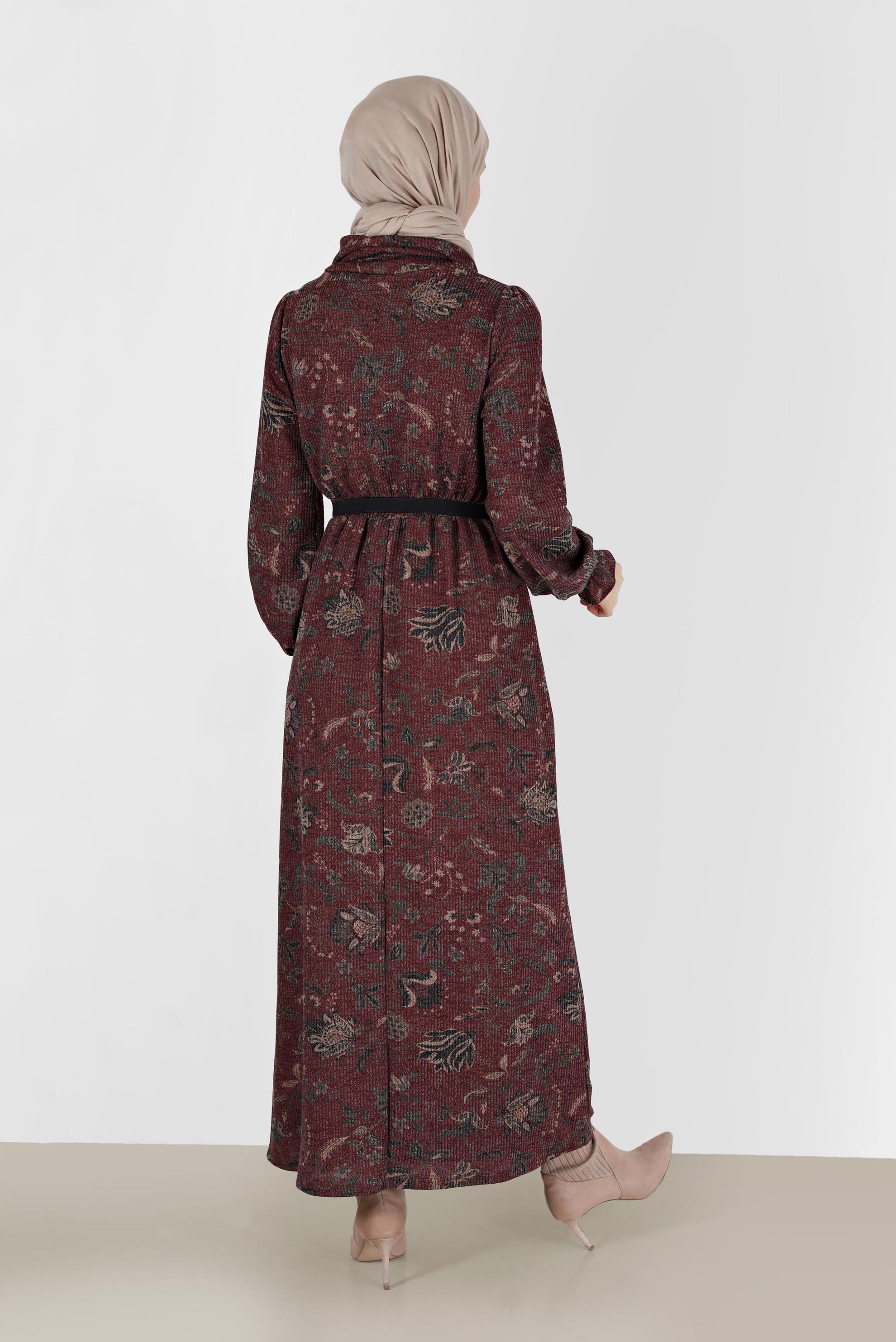 Tesettür giyim MÜRDÜM MANŞETLERİ LASTİKLİ DESENLİ ELBİSE 42337 