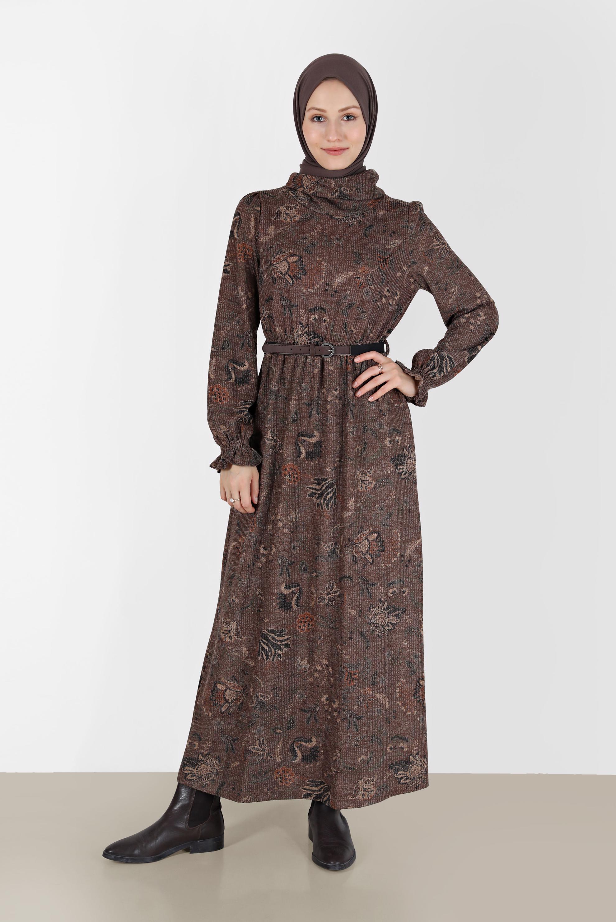 Tesettür giyim VİZON MANŞETLERİ LASTİKLİ DESENLİ ELBİSE 42337 