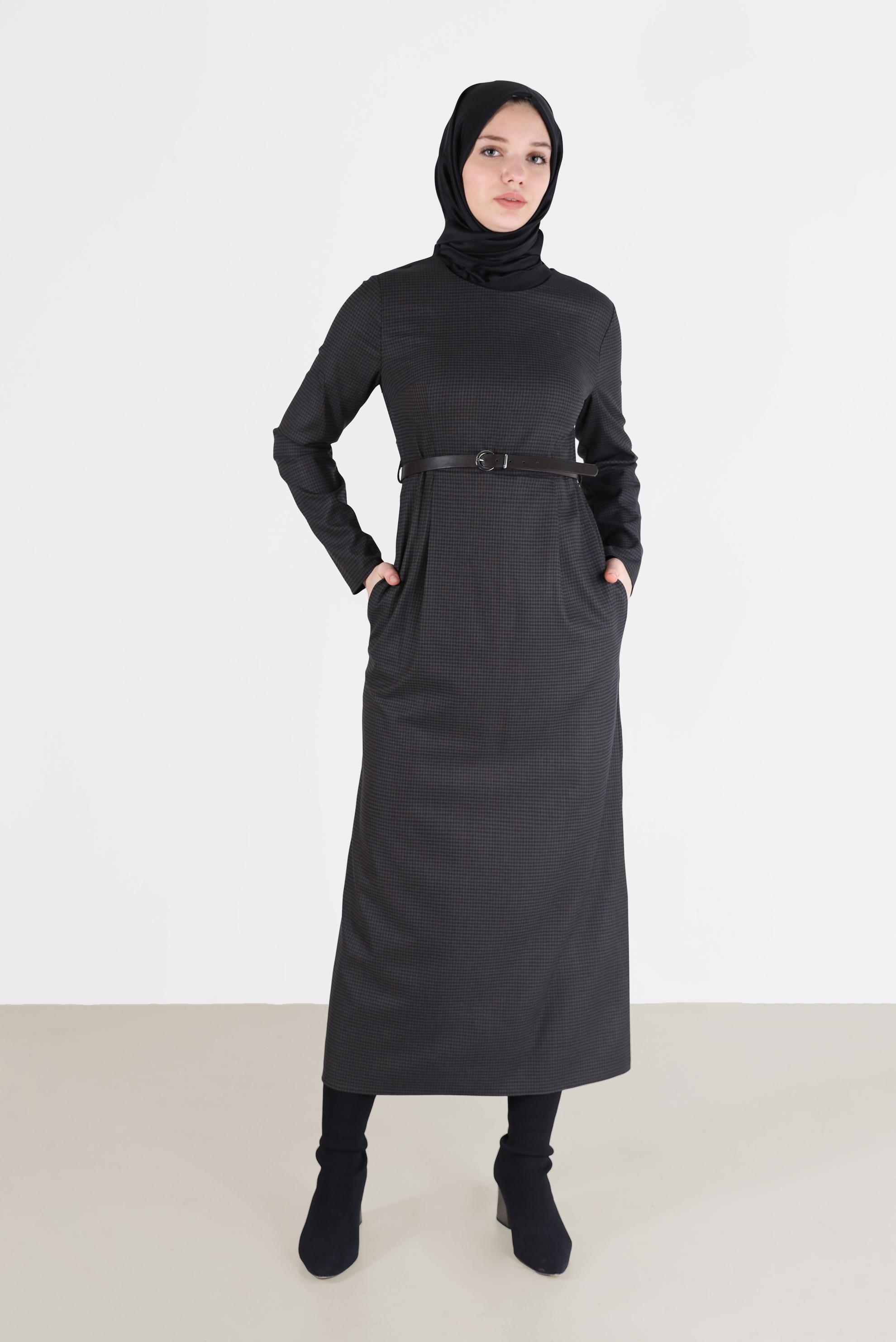 Tesettür giyim KAHVE PÖTİKARE DESENLİ KLASİK ELBİSE 42365 