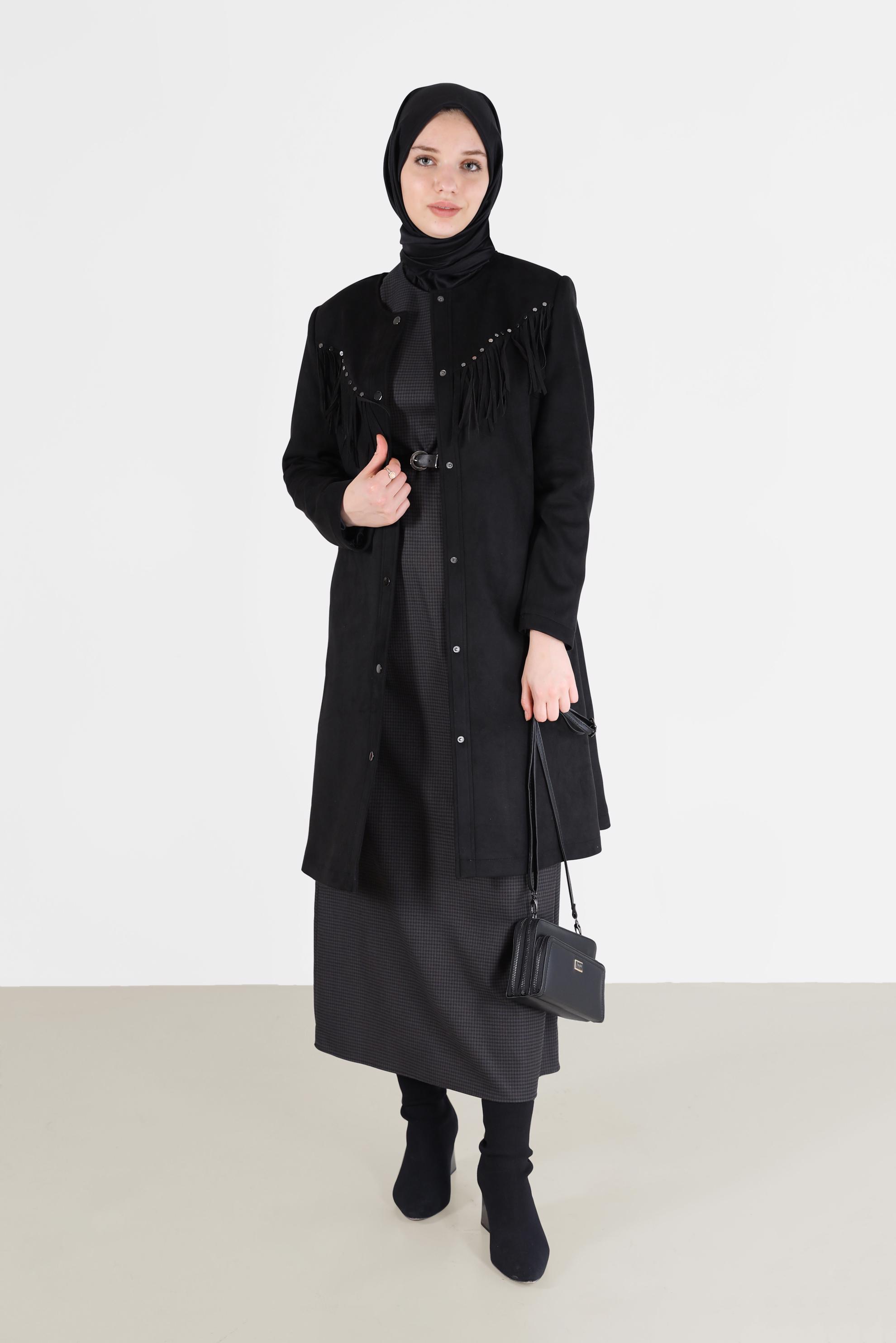 Tesettür giyim KAHVE PÖTİKARE DESENLİ KLASİK ELBİSE 42365 