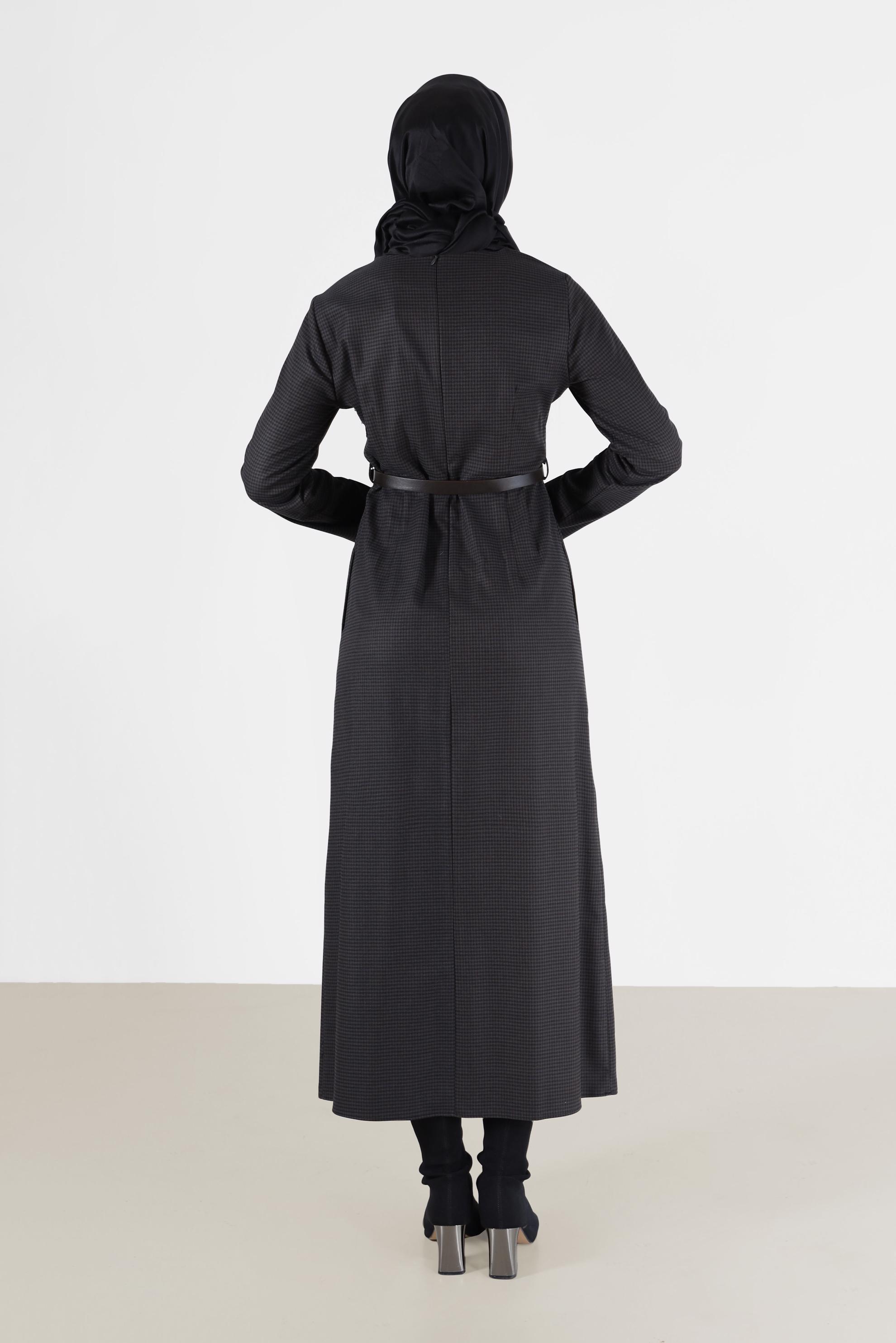 Tesettür giyim KAHVE PÖTİKARE DESENLİ KLASİK ELBİSE 42365 