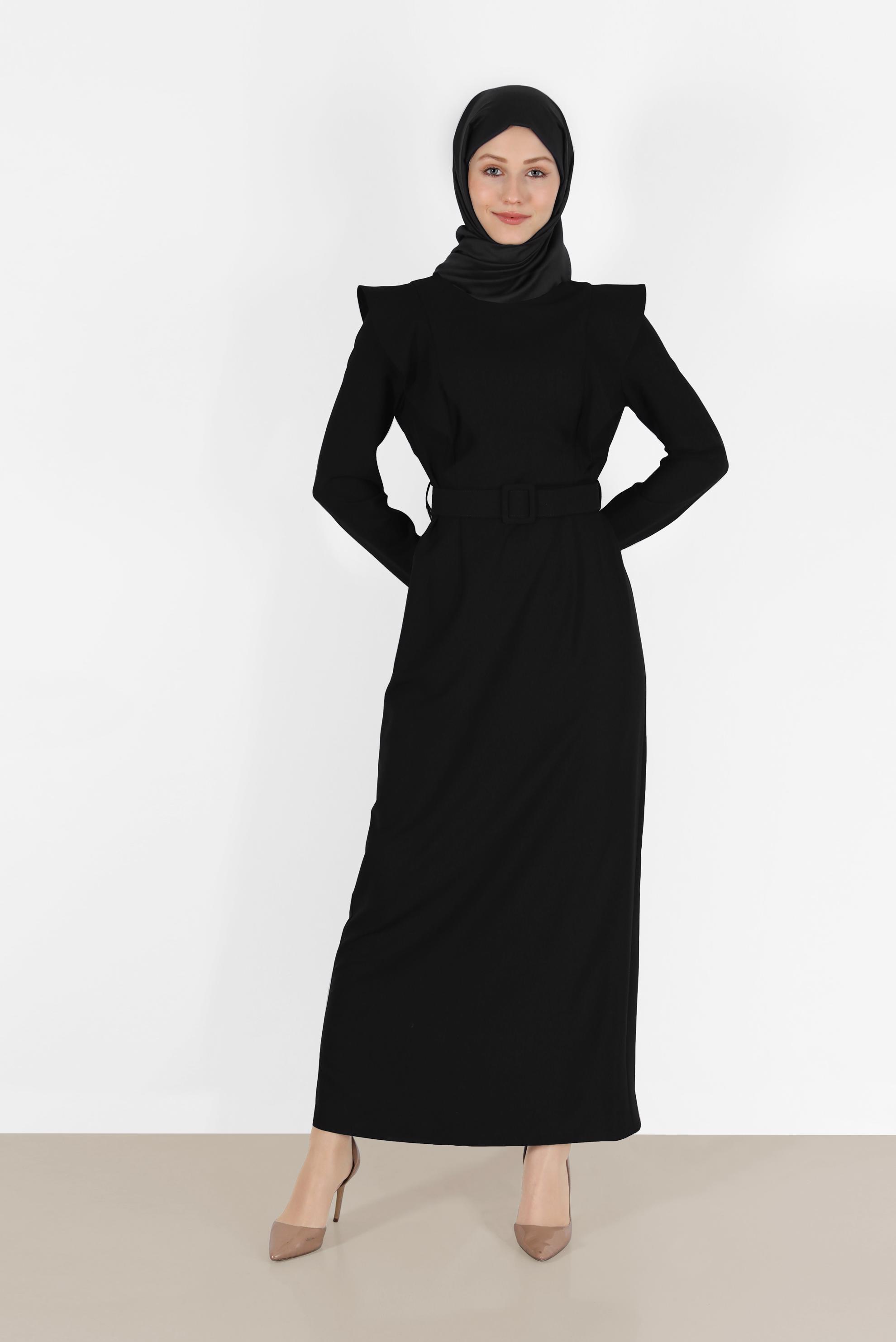 Tesettür giyim SİYAH VATKA GÖRÜNÜMLÜ KEMERLİ ELBİSE 42367 