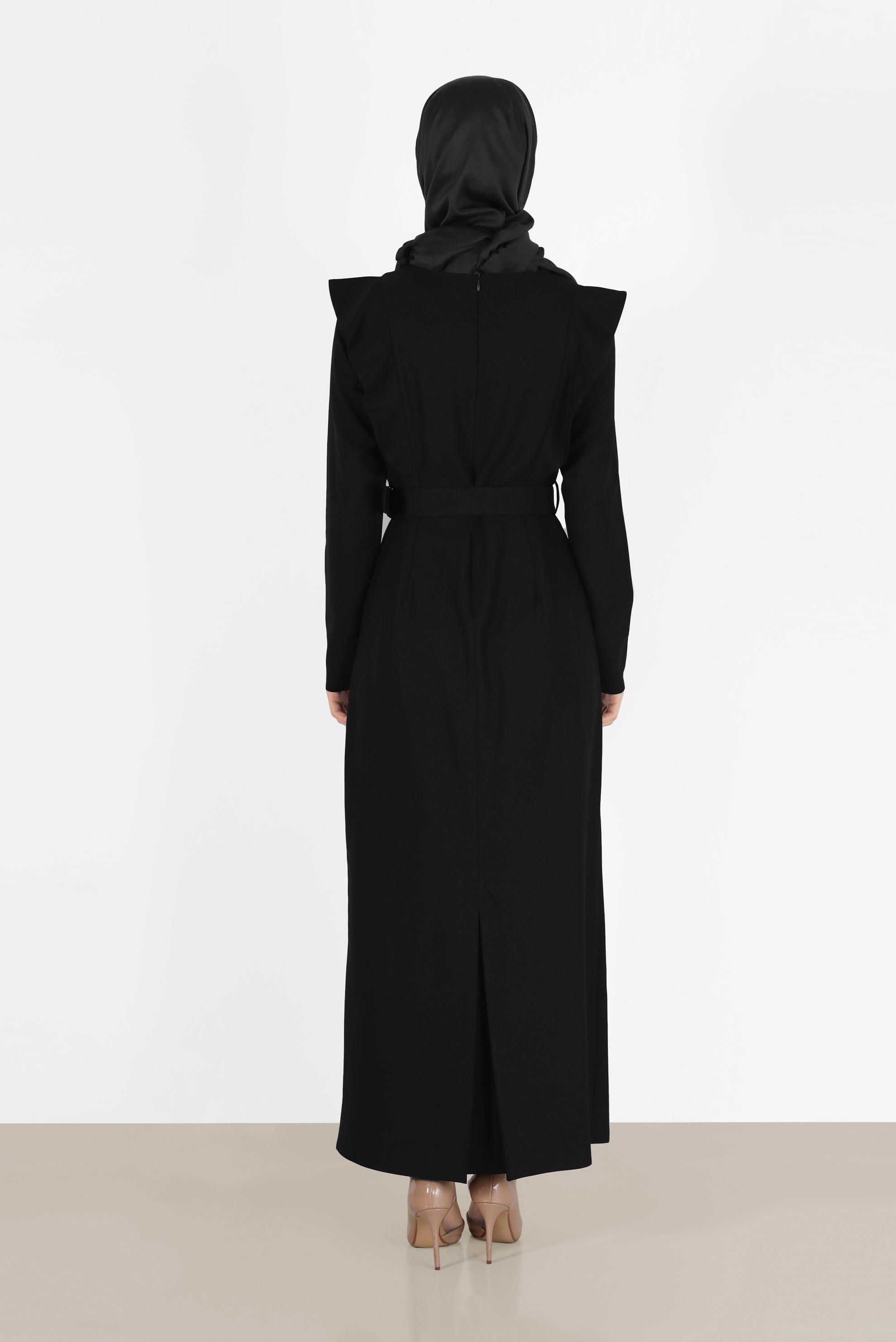 Tesettür giyim SİYAH VATKA GÖRÜNÜMLÜ KEMERLİ ELBİSE 42367 