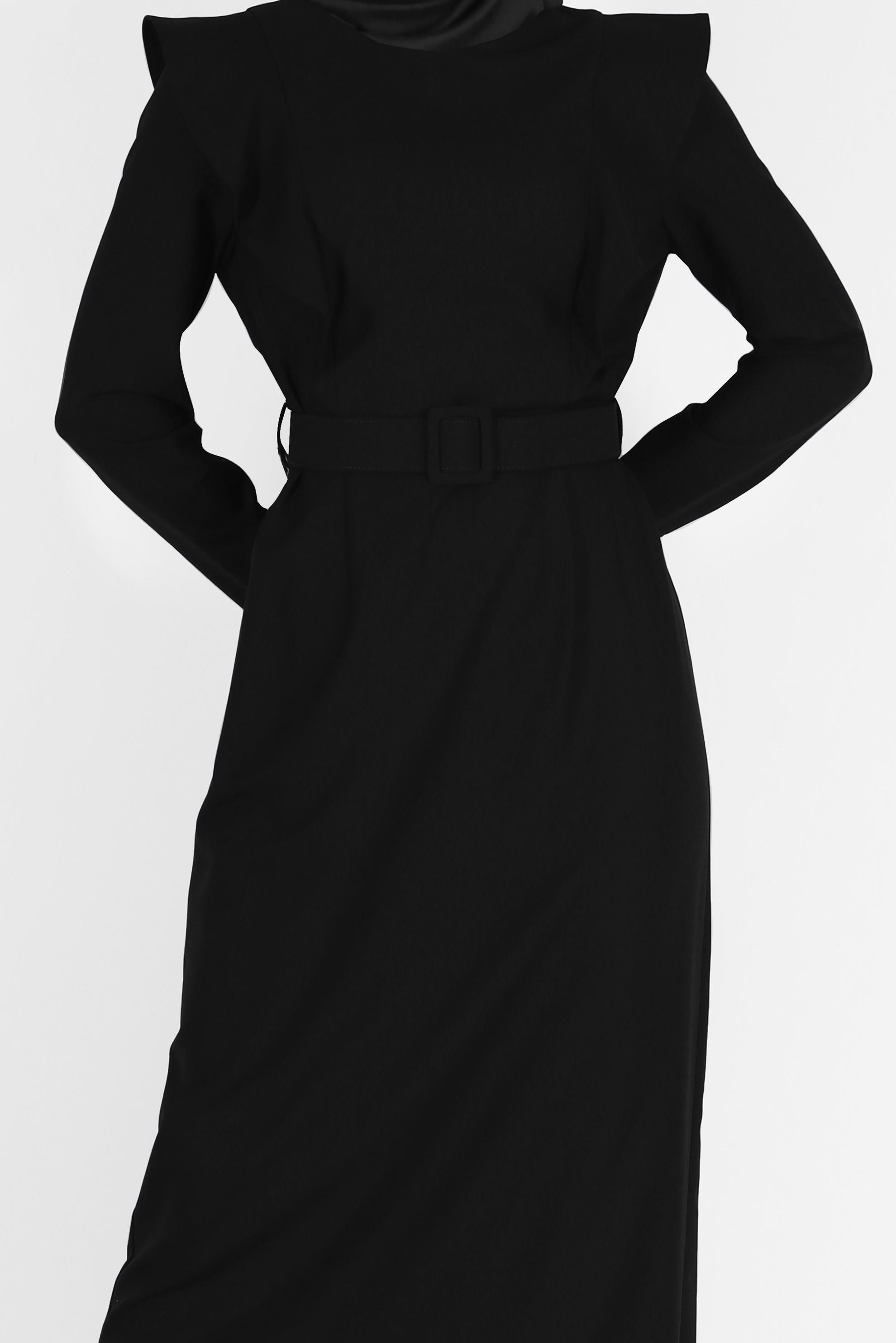 Tesettür giyim SİYAH VATKA GÖRÜNÜMLÜ KEMERLİ ELBİSE 42367 