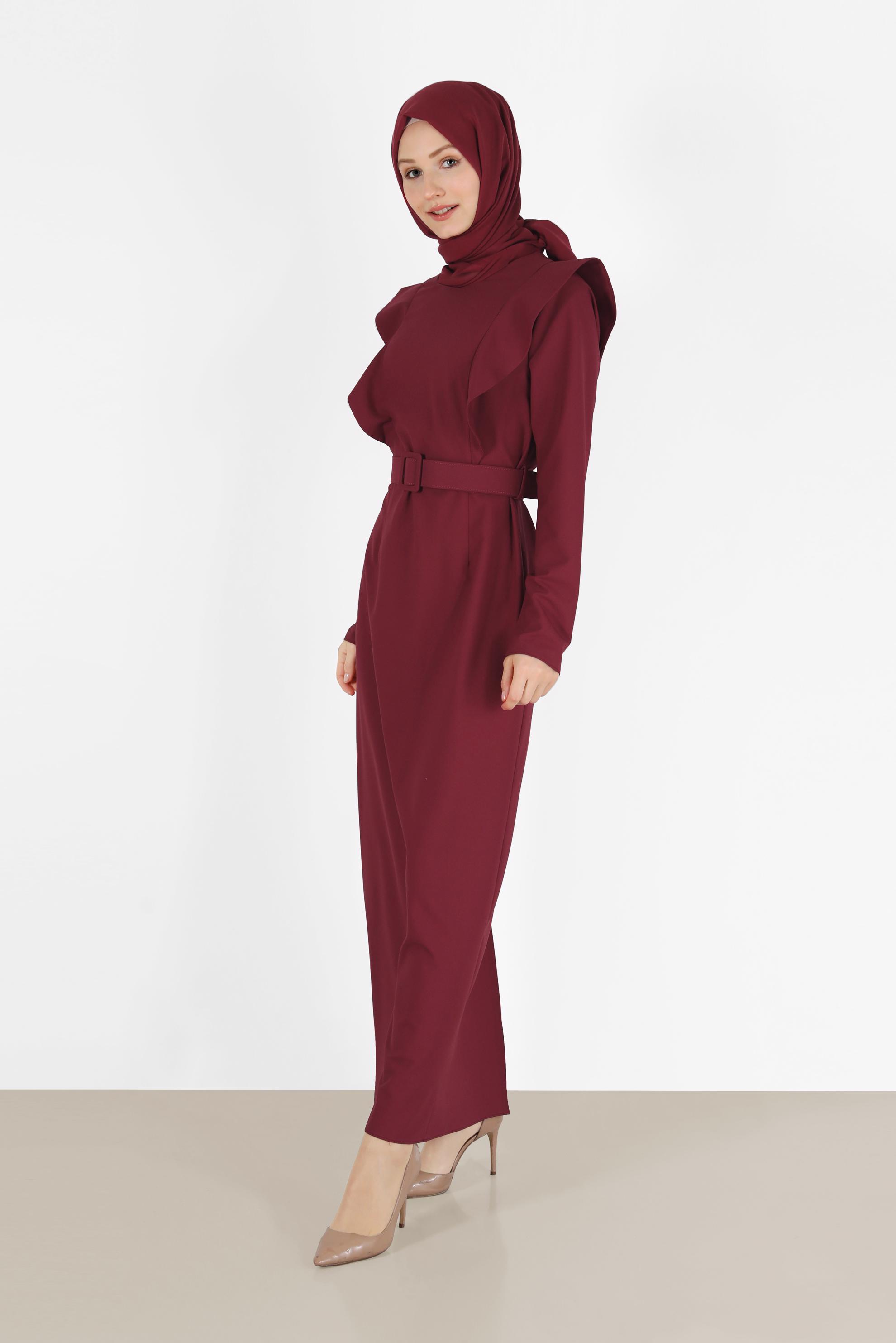 Tesettür giyim BORDO VATKA GÖRÜNÜMLÜ KEMERLİ ELBİSE 42367 