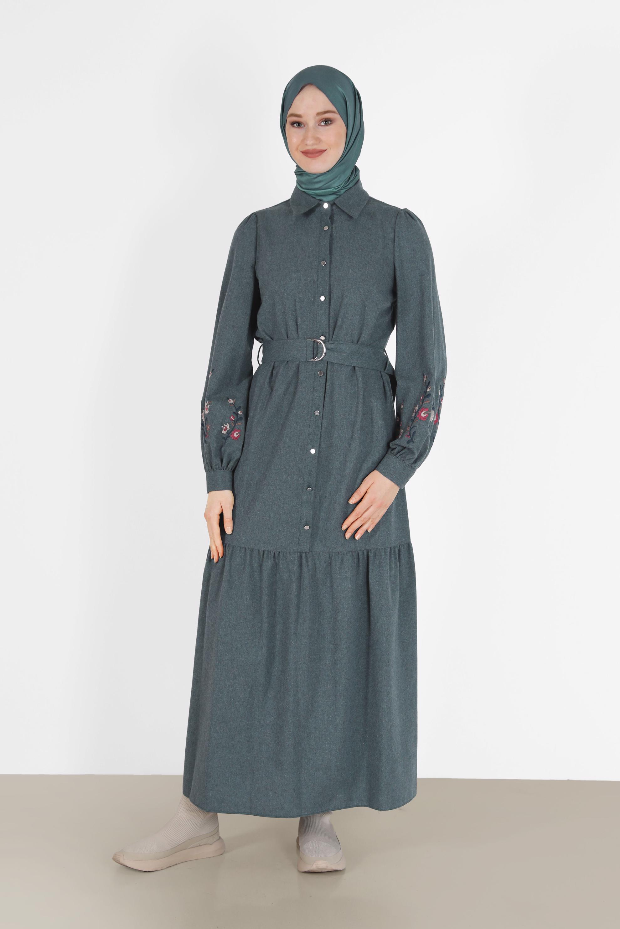 Hijab clothing NAVY BLUE EMBROIDERED BELTED DRESS 42379 
