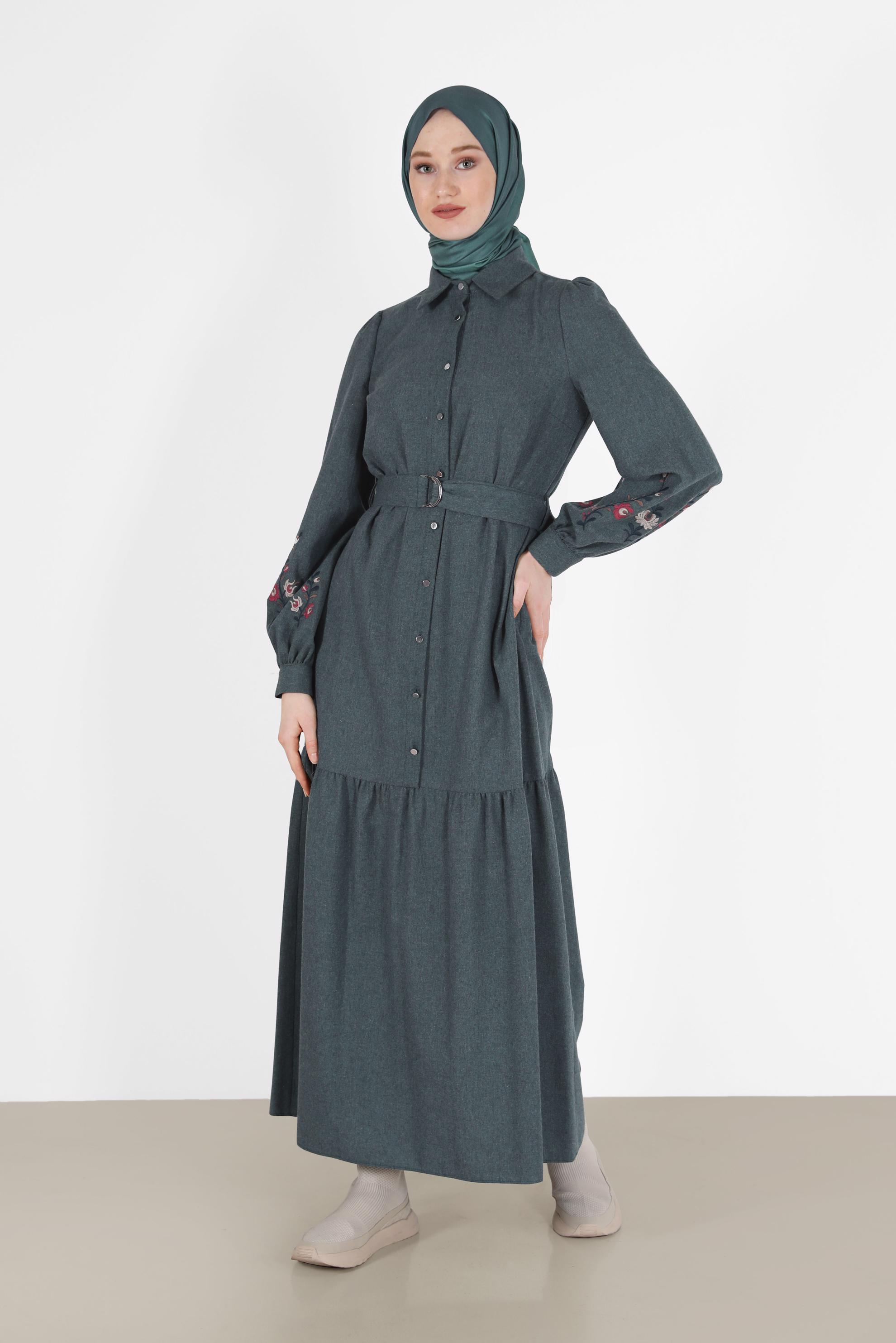Hijab clothing NAVY BLUE EMBROIDERED BELTED DRESS 42379 