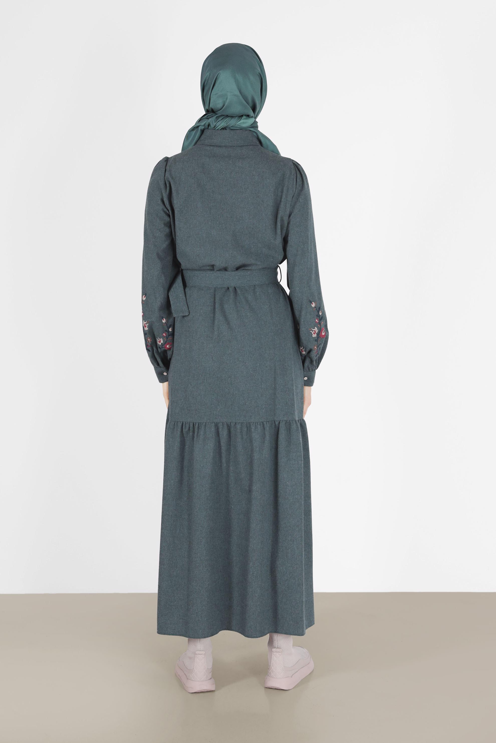 Hijab clothing NAVY BLUE EMBROIDERED BELTED DRESS 42379 