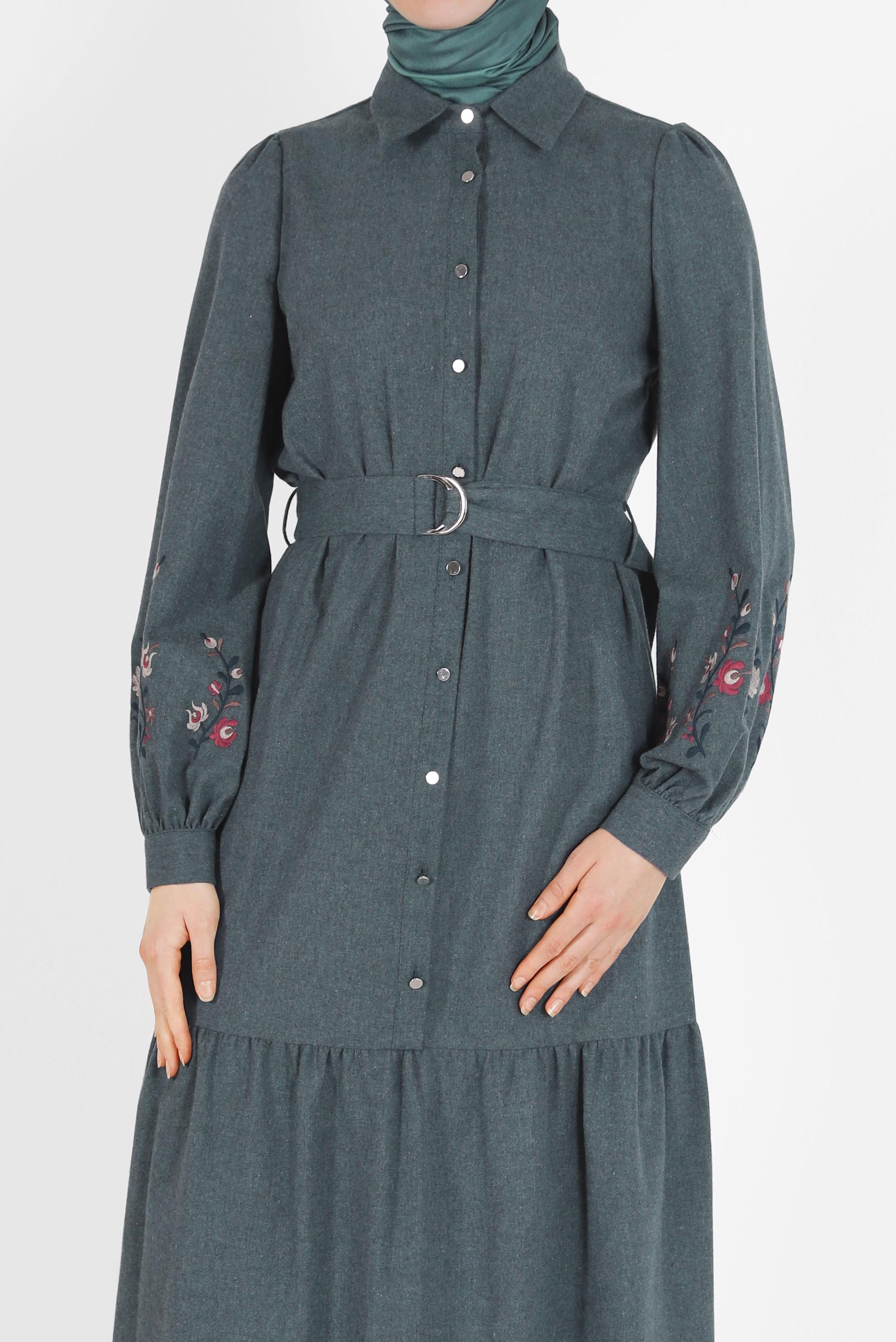 Hijab clothing NAVY BLUE EMBROIDERED BELTED DRESS 42379 