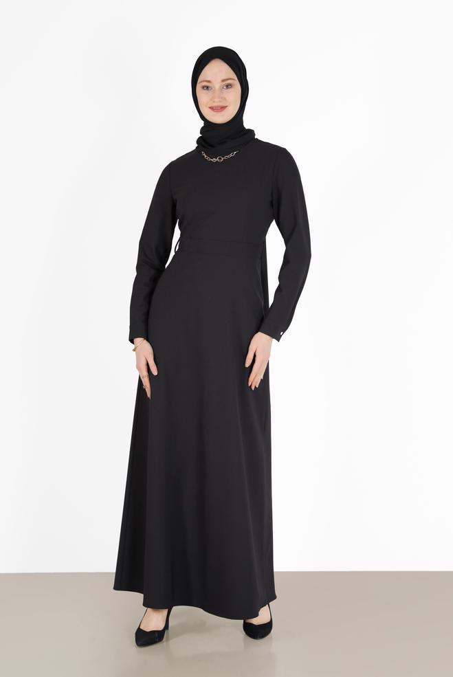 Tesettür giyim SİYAH BELİ KUŞAKLI ELBİSE 42381  - ALVİNA