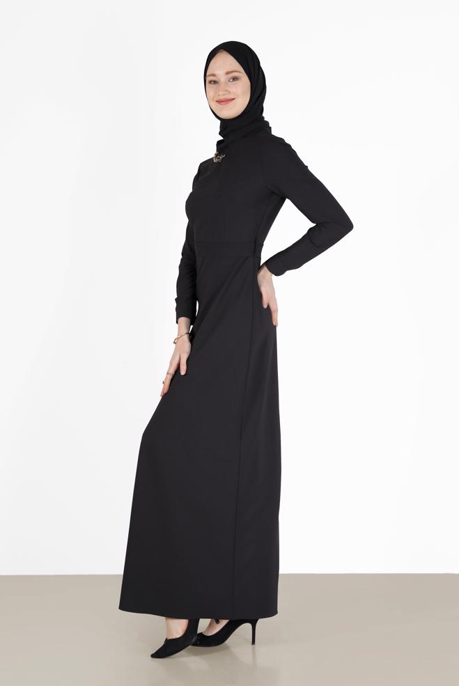 Tesettür giyim SİYAH BELİ KUŞAKLI ELBİSE 42381  - ALVİNA