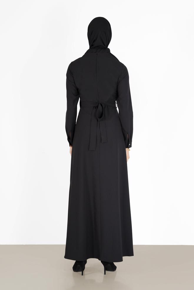Tesettür giyim SİYAH BELİ KUŞAKLI ELBİSE 42381  - ALVİNA