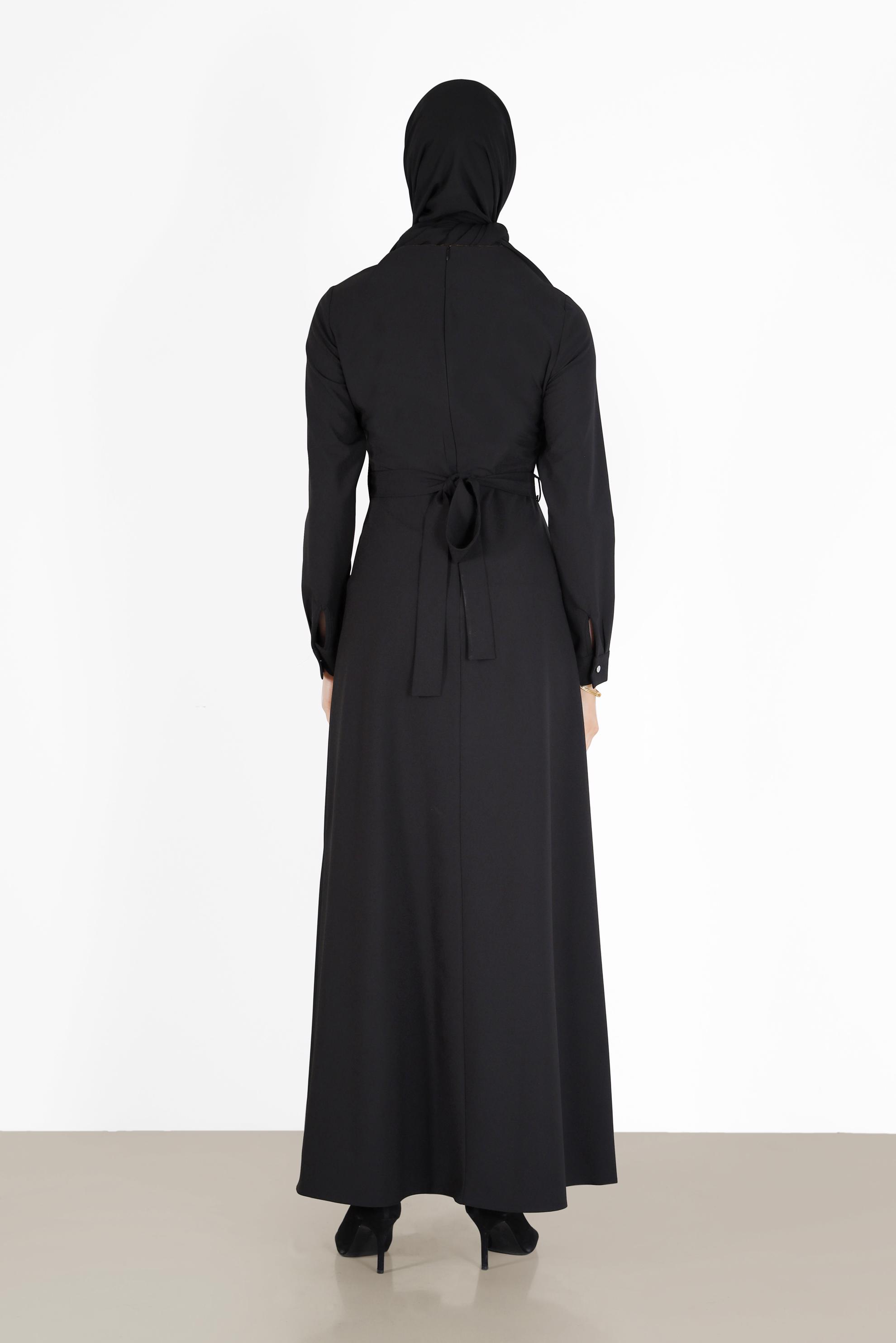 Tesettür giyim SİYAH BELİ KUŞAKLI ELBİSE 42381 