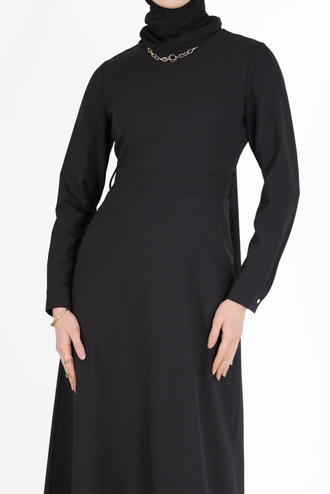 Tesettür giyim SİYAH BELİ KUŞAKLI ELBİSE 42381  - ALVİNA