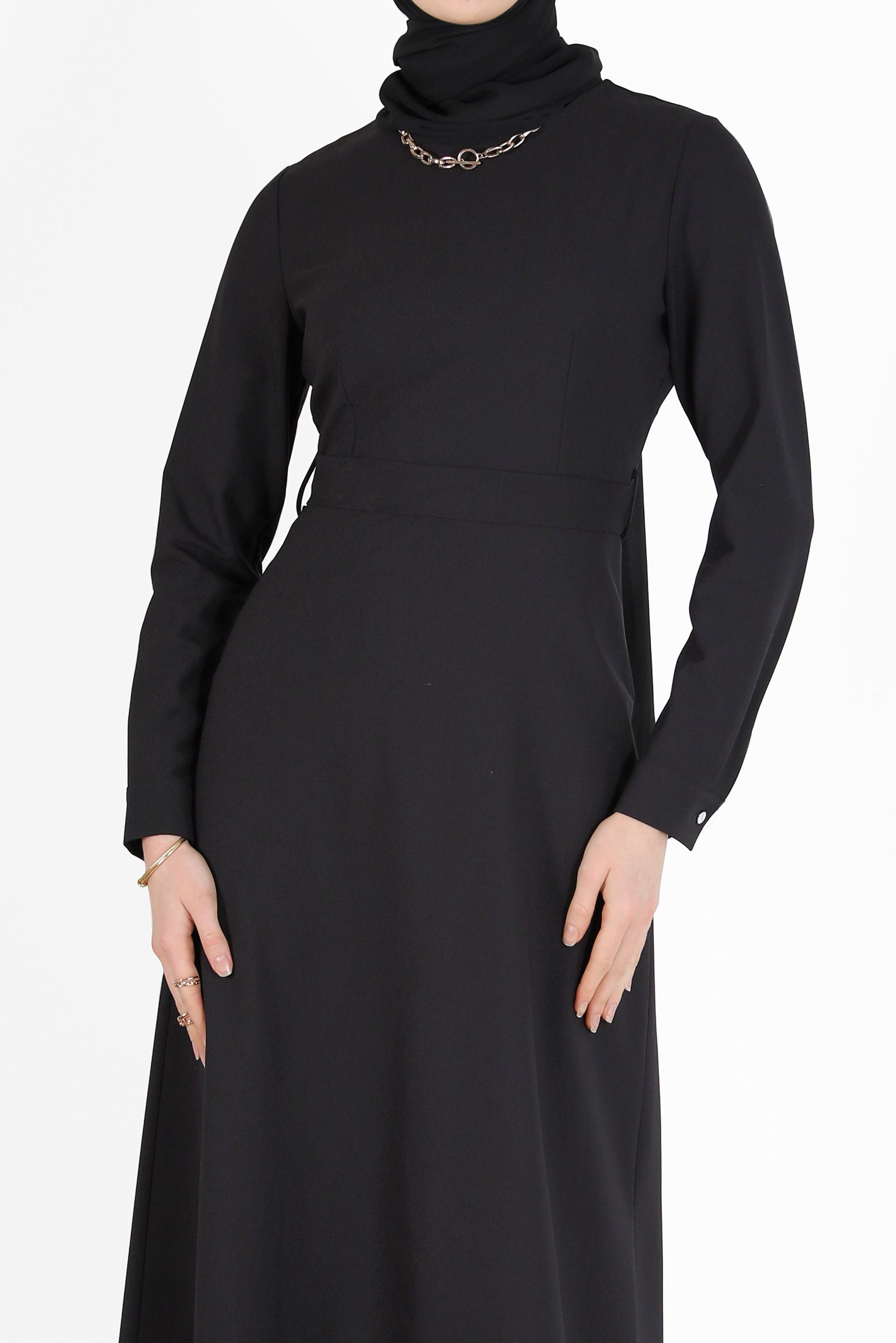 Tesettür giyim SİYAH BELİ KUŞAKLI ELBİSE 42381 