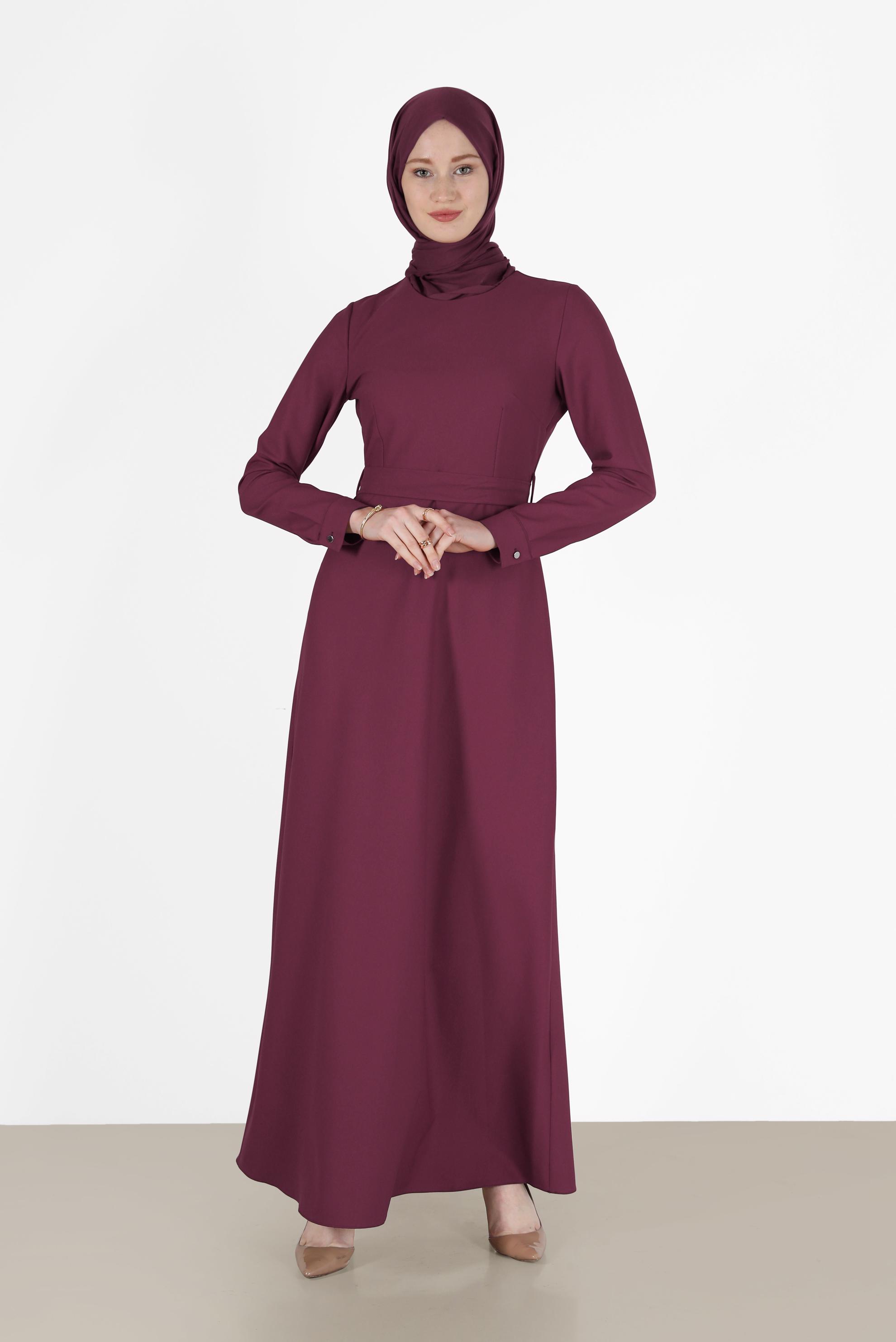 Tesettür giyim BORDO BELİ KUŞAKLI ELBİSE 42381 