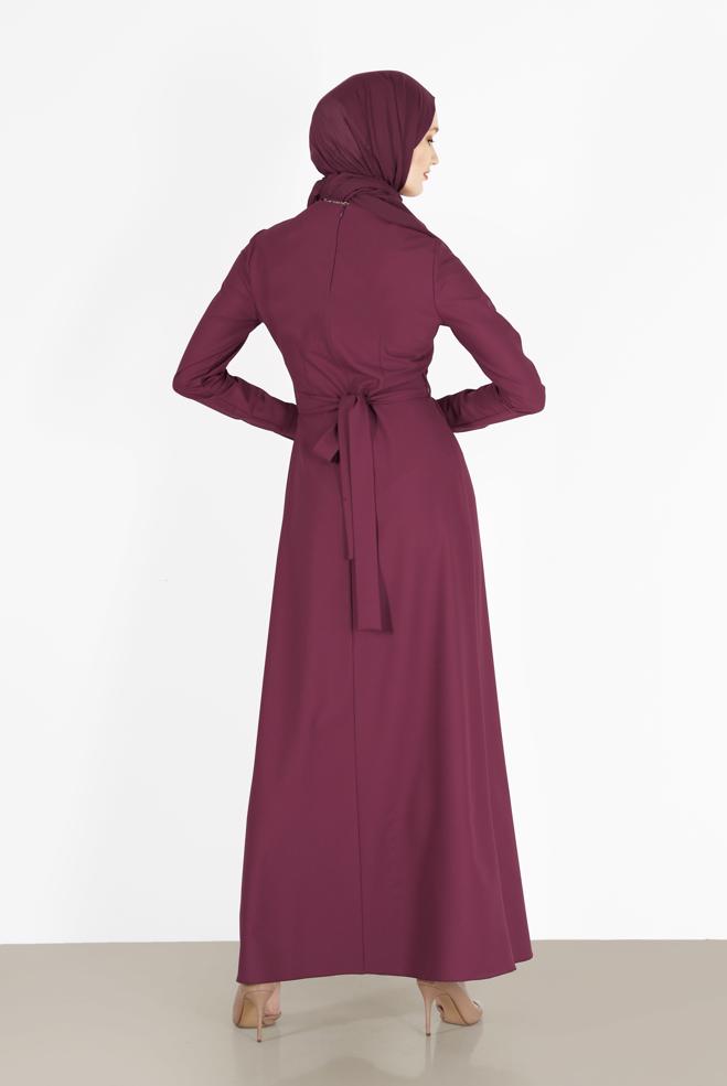 Tesettür giyim BORDO BELİ KUŞAKLI ELBİSE 42381  - ALVİNA