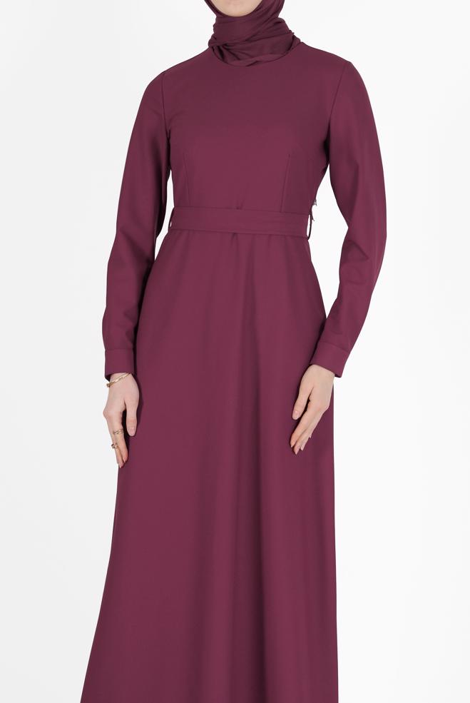 Tesettür giyim BORDO BELİ KUŞAKLI ELBİSE 42381  - ALVİNA