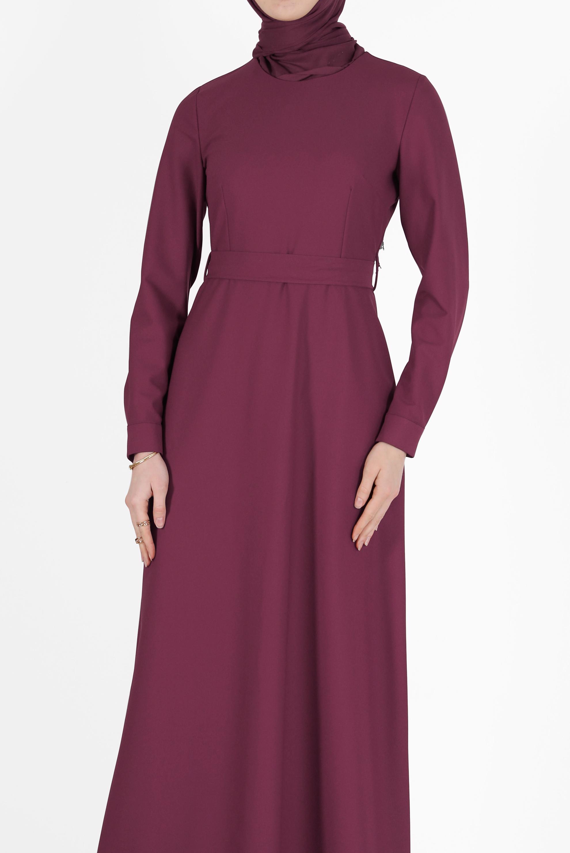 Tesettür giyim BORDO BELİ KUŞAKLI ELBİSE 42381 