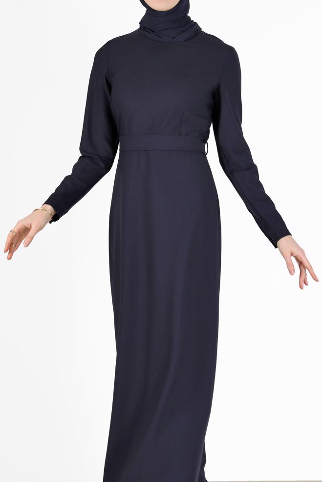 Tesettür giyim LACİVERT BELİ KUŞAKLI ELBİSE 42381  - ALVİNA