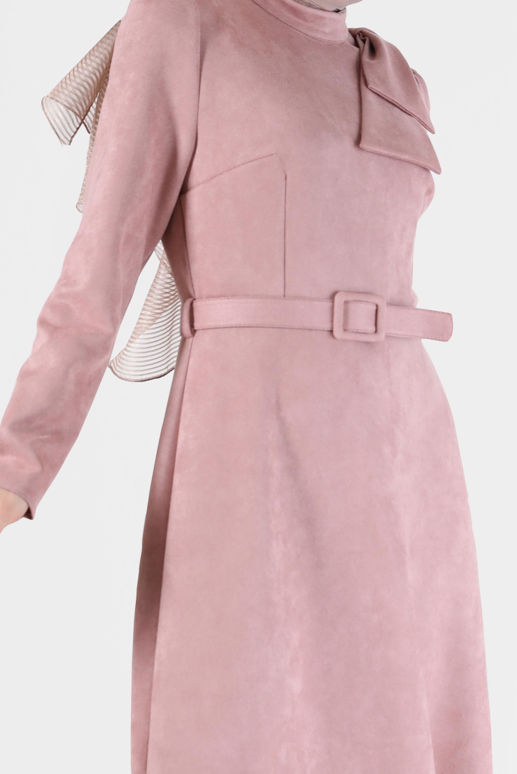 Tesettür giyim PUDRA KURDELE DETAYLI KEMERLİ SÜET ELBİSE 42385 