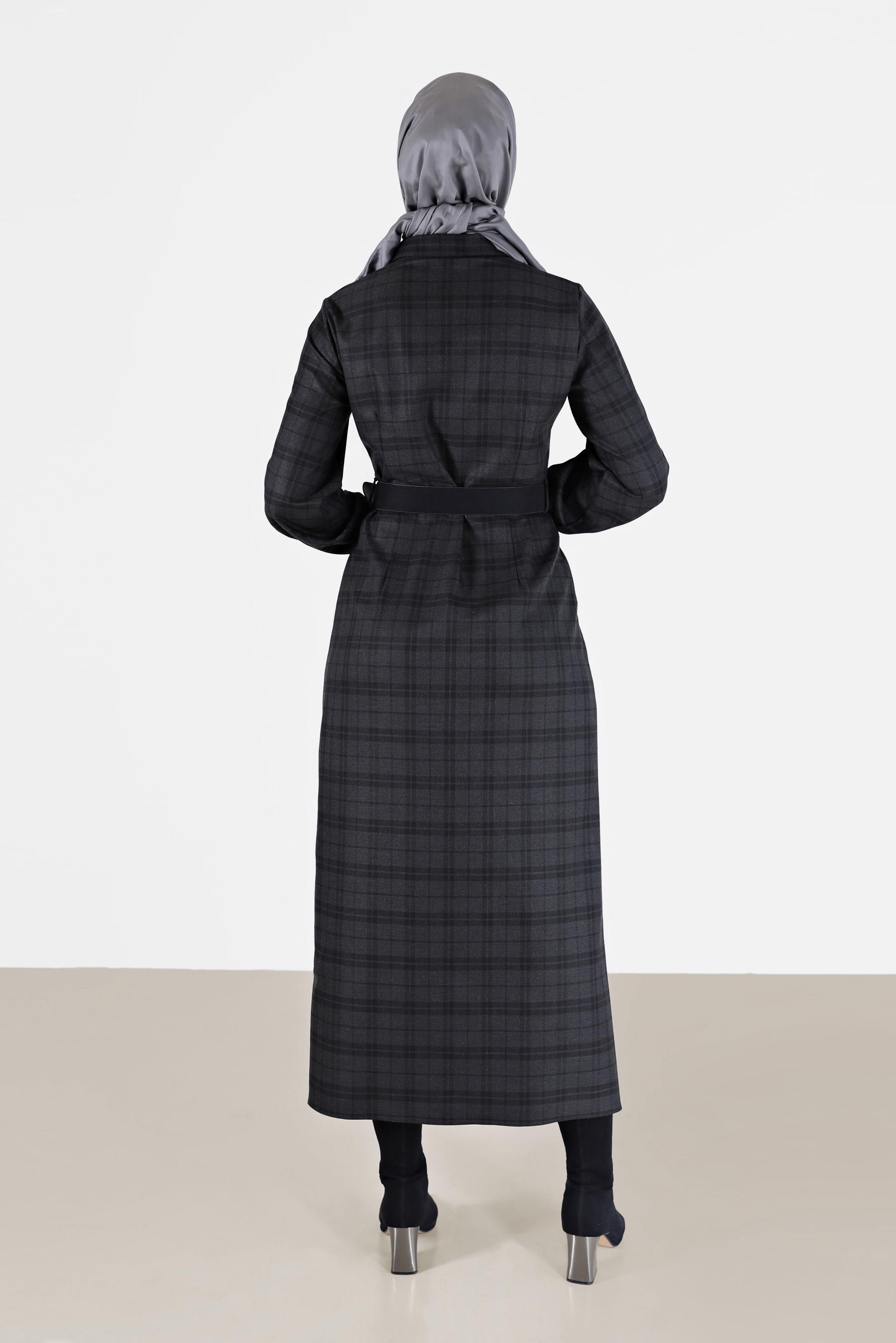 Tesettür giyim SİYAH CEP DETAYLI DÜĞMELİ EKOSE ELBİSE 42386 