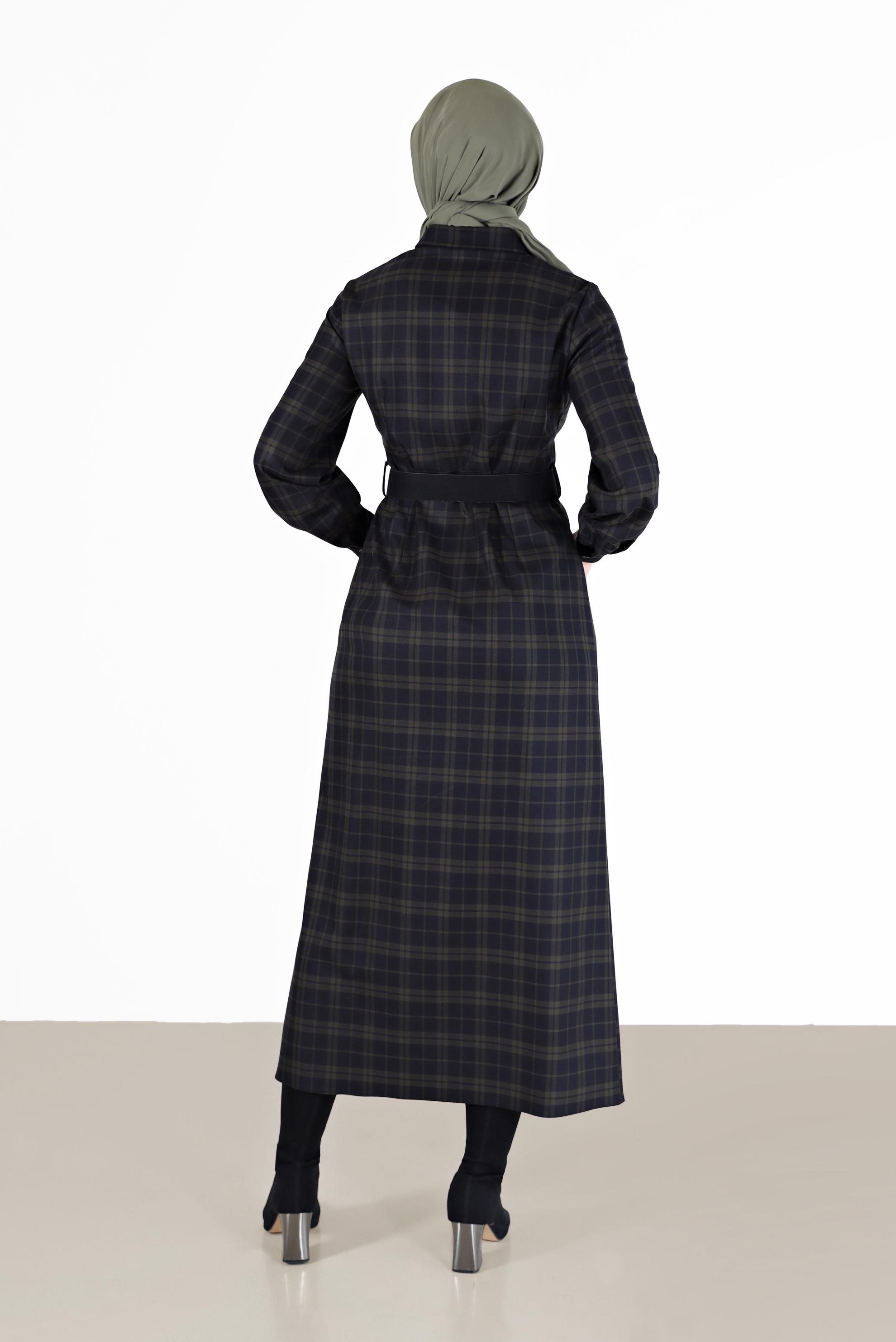 Tesettür giyim LACİVERT CEP DETAYLI DÜĞMELİ EKOSE ELBİSE 42386 