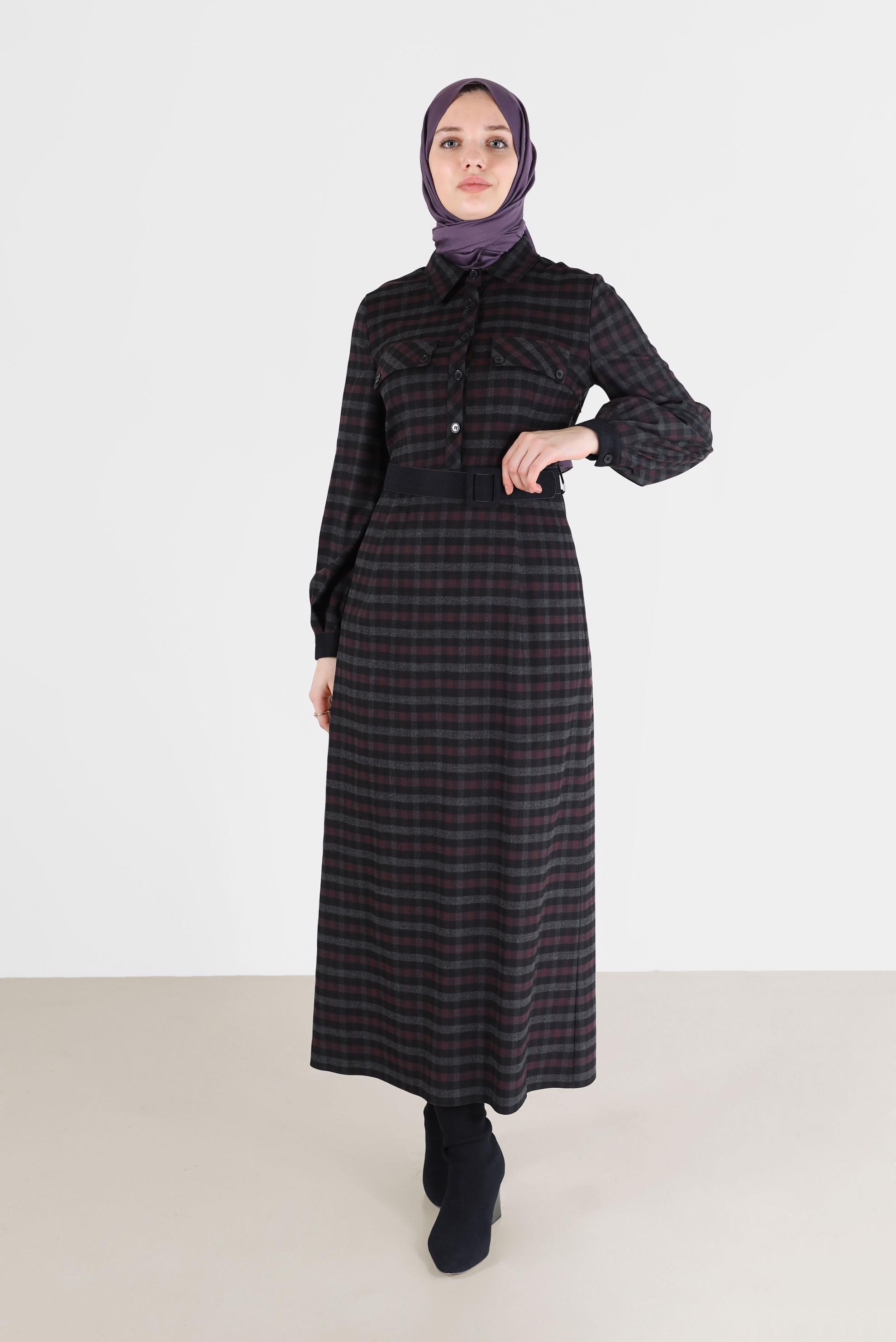 Tesettür giyim SİYAH CEP DETAYLI DÜĞMELİ EKOSE ELBİSE 42386 