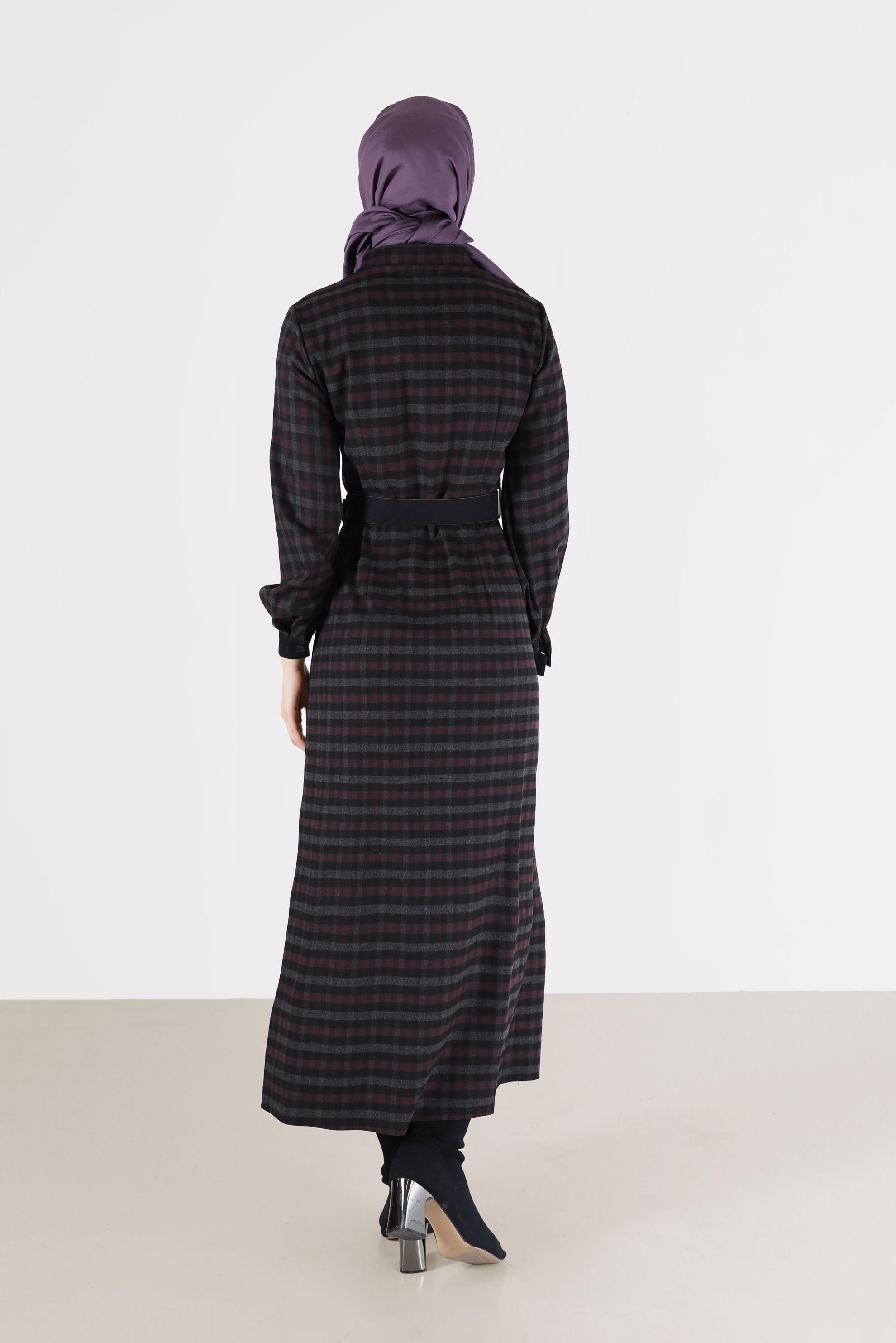 Tesettür giyim SİYAH CEP DETAYLI DÜĞMELİ EKOSE ELBİSE 42386 