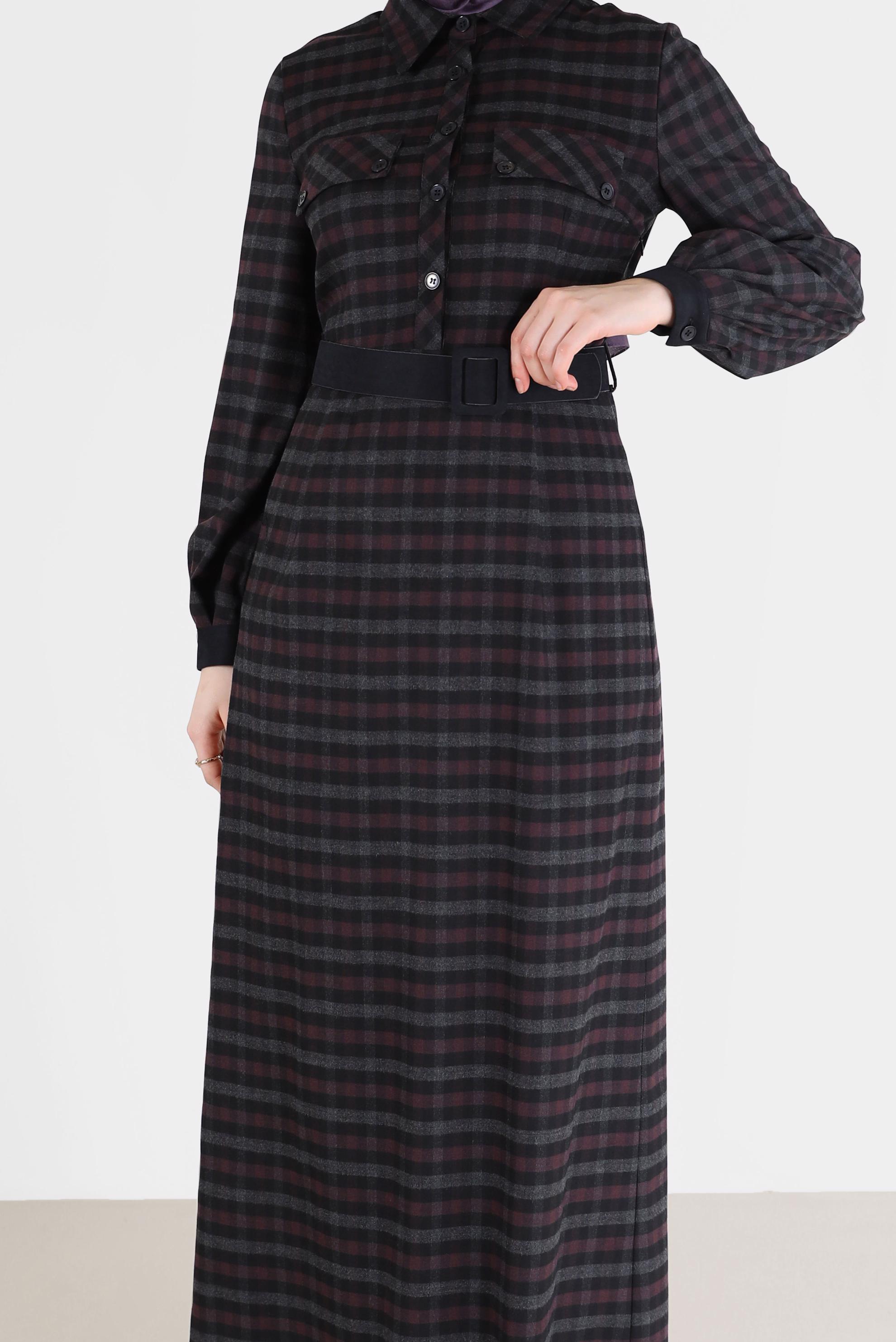 Tesettür giyim SİYAH CEP DETAYLI DÜĞMELİ EKOSE ELBİSE 42386 