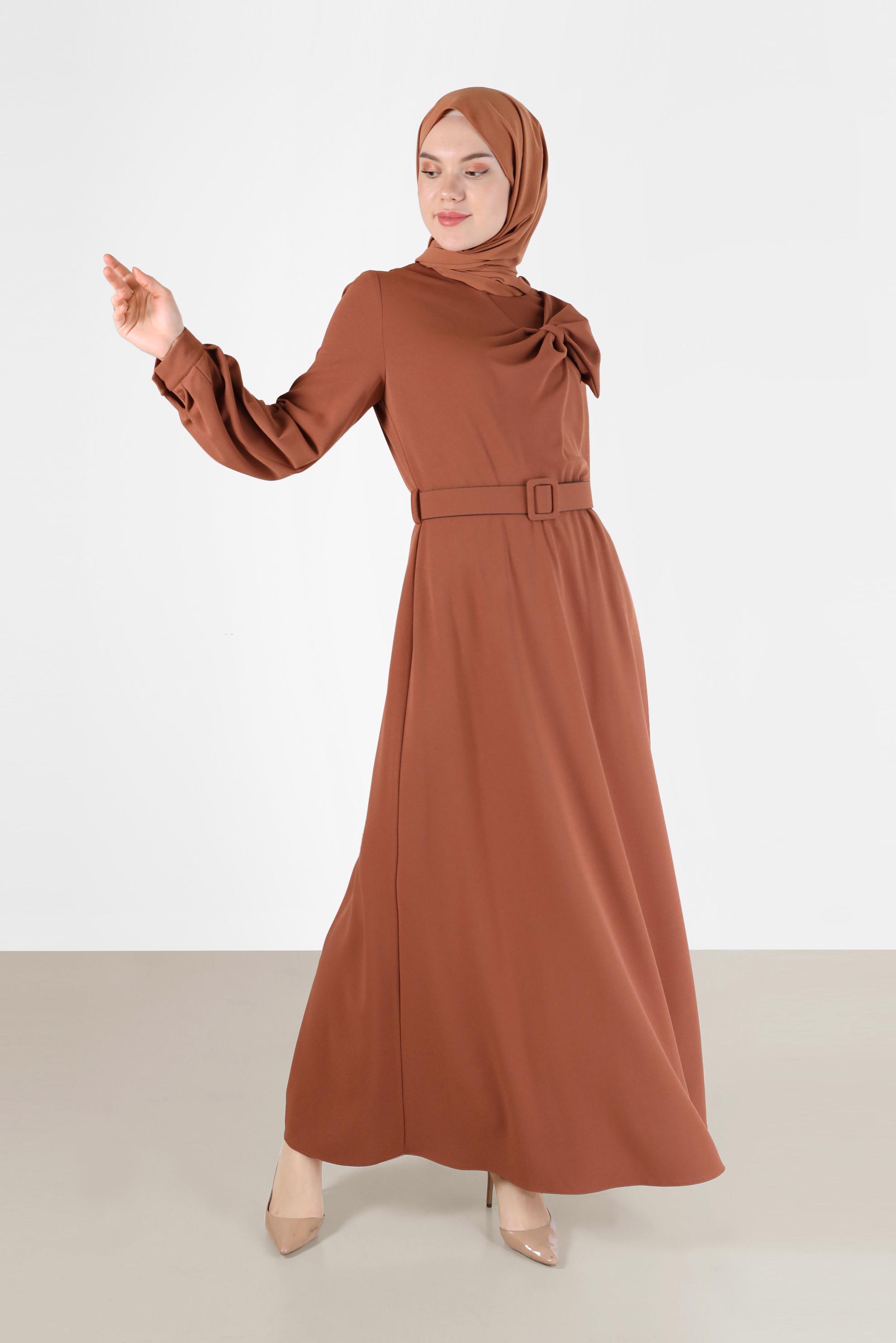 Tesettür giyim TABA KURDELE DETAYLI KUŞAKLI ELBİSE 42408 