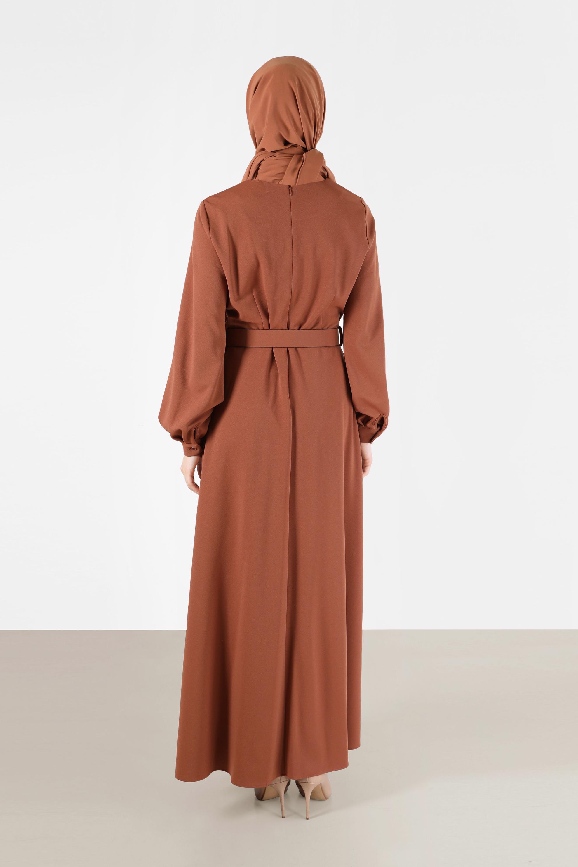 Tesettür giyim TABA KURDELE DETAYLI KUŞAKLI ELBİSE 42408 