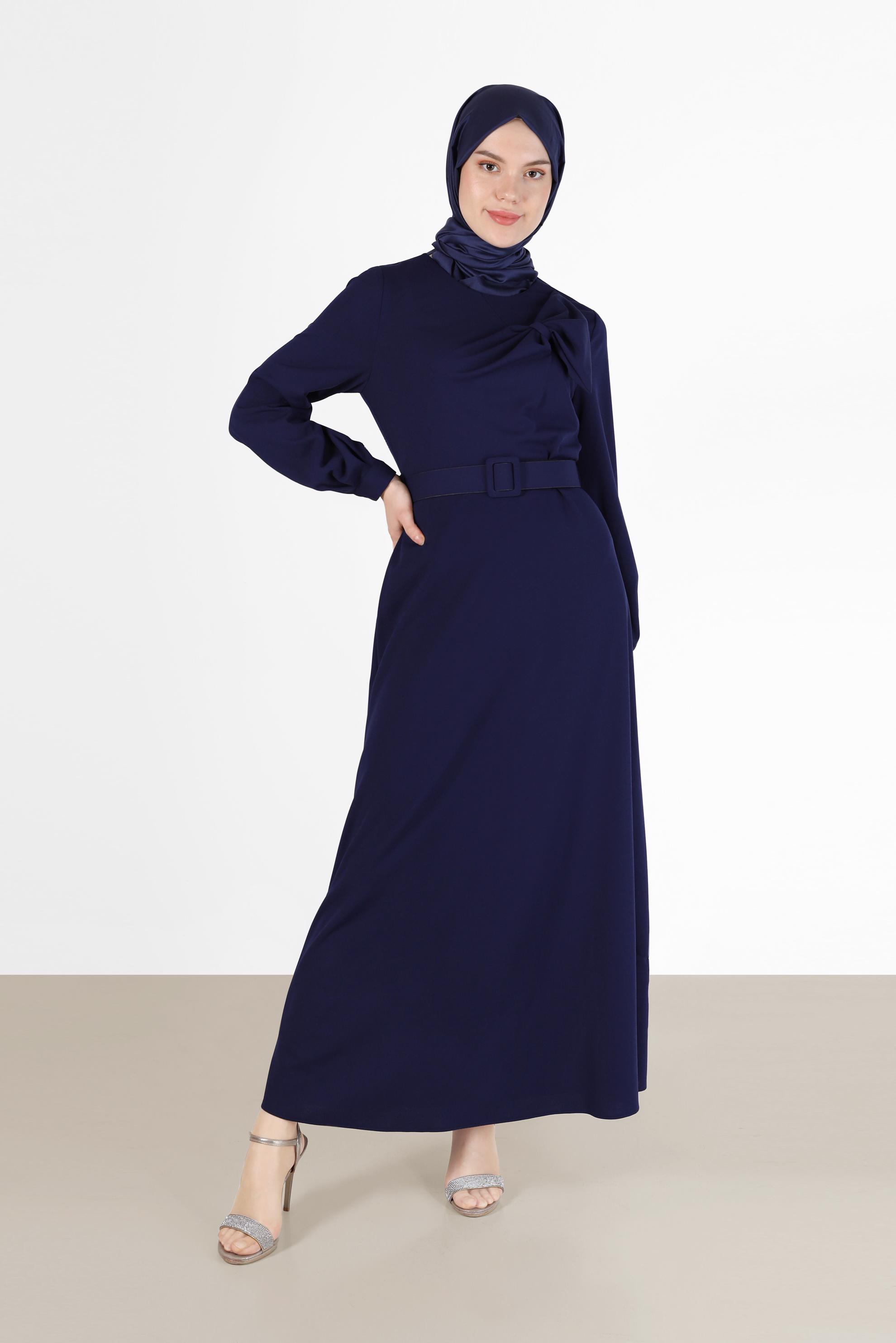 Tesettür giyim LACİVERT KURDELE DETAYLI KUŞAKLI ELBİSE 42408 
