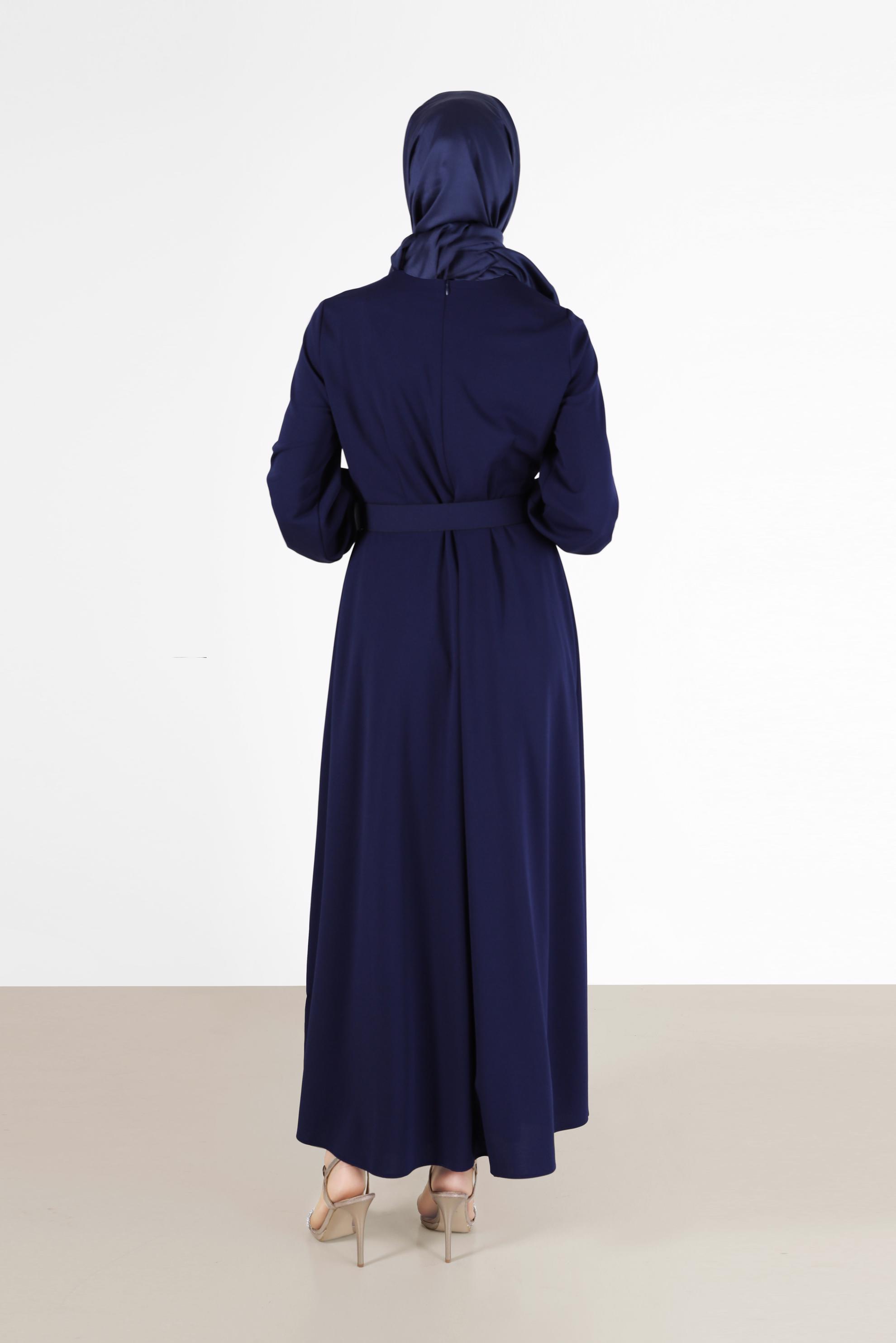 Tesettür giyim LACİVERT KURDELE DETAYLI KUŞAKLI ELBİSE 42408 