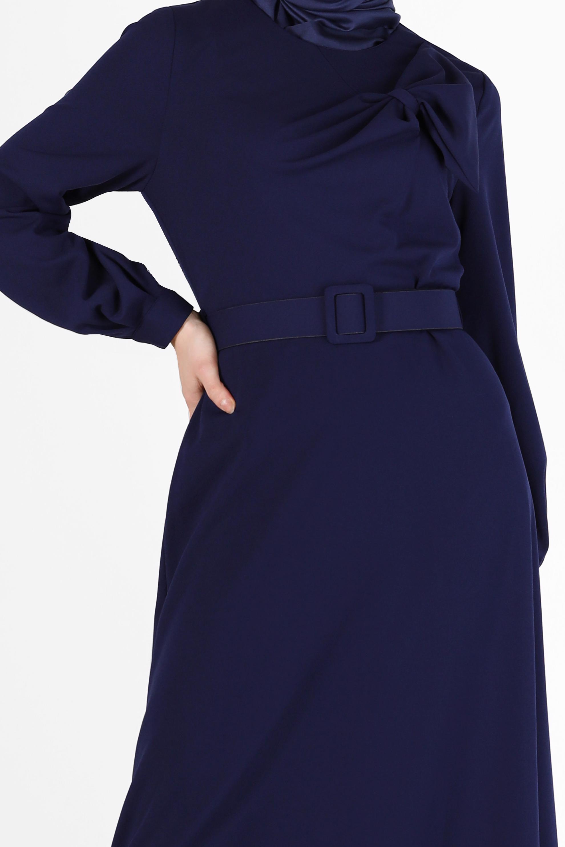 Tesettür giyim LACİVERT KURDELE DETAYLI KUŞAKLI ELBİSE 42408 