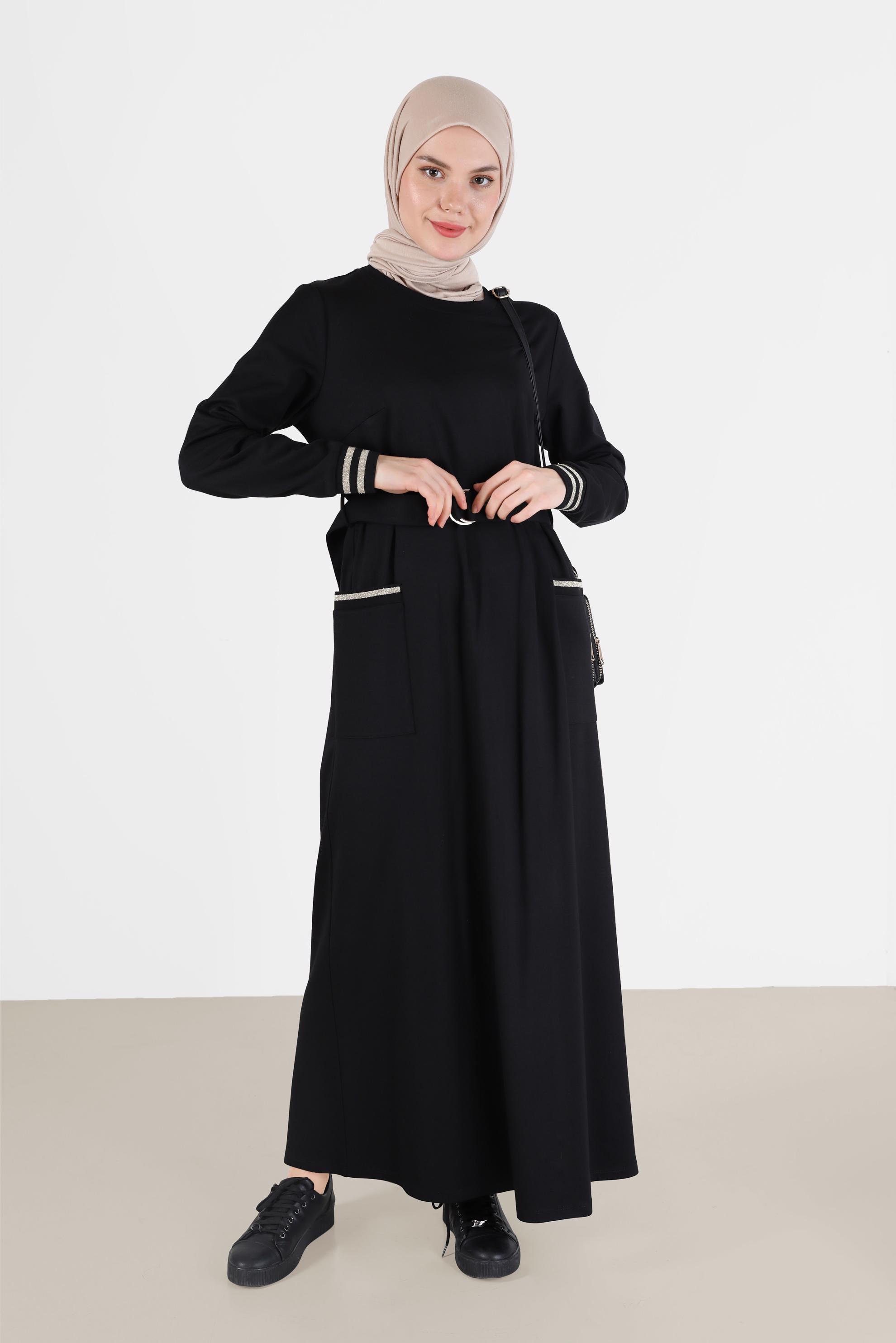 Vêtements hijab NOIR ROBE CEINTURÉE À POIGNETS ÉLASTIQUES 42410