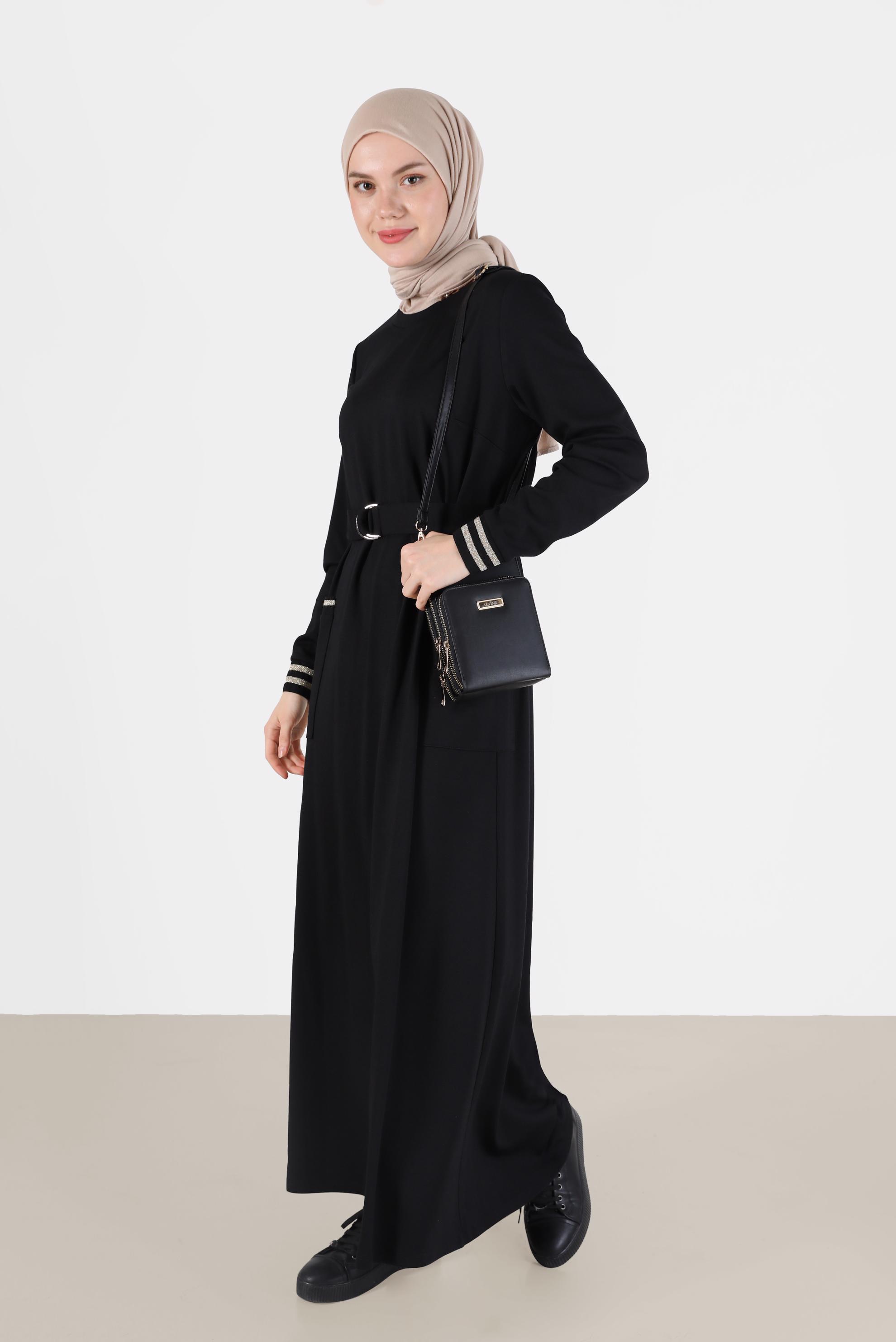 Vêtements hijab NOIR ROBE CEINTURÉE À POIGNETS ÉLASTIQUES 42410