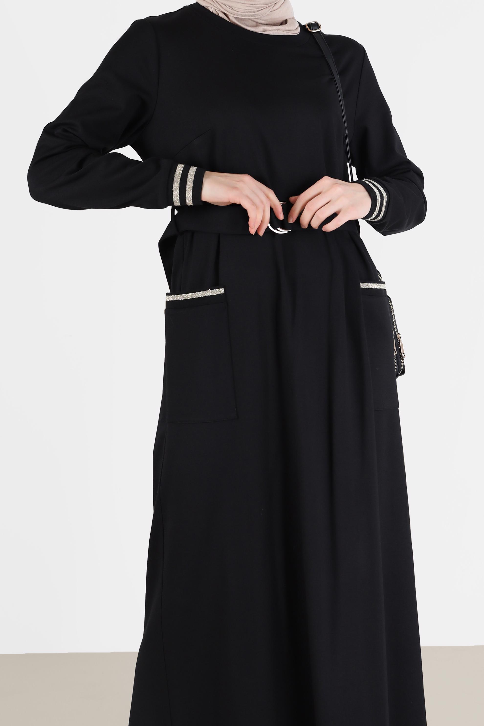 Vêtements hijab NOIR ROBE CEINTURÉE À POIGNETS ÉLASTIQUES 42410