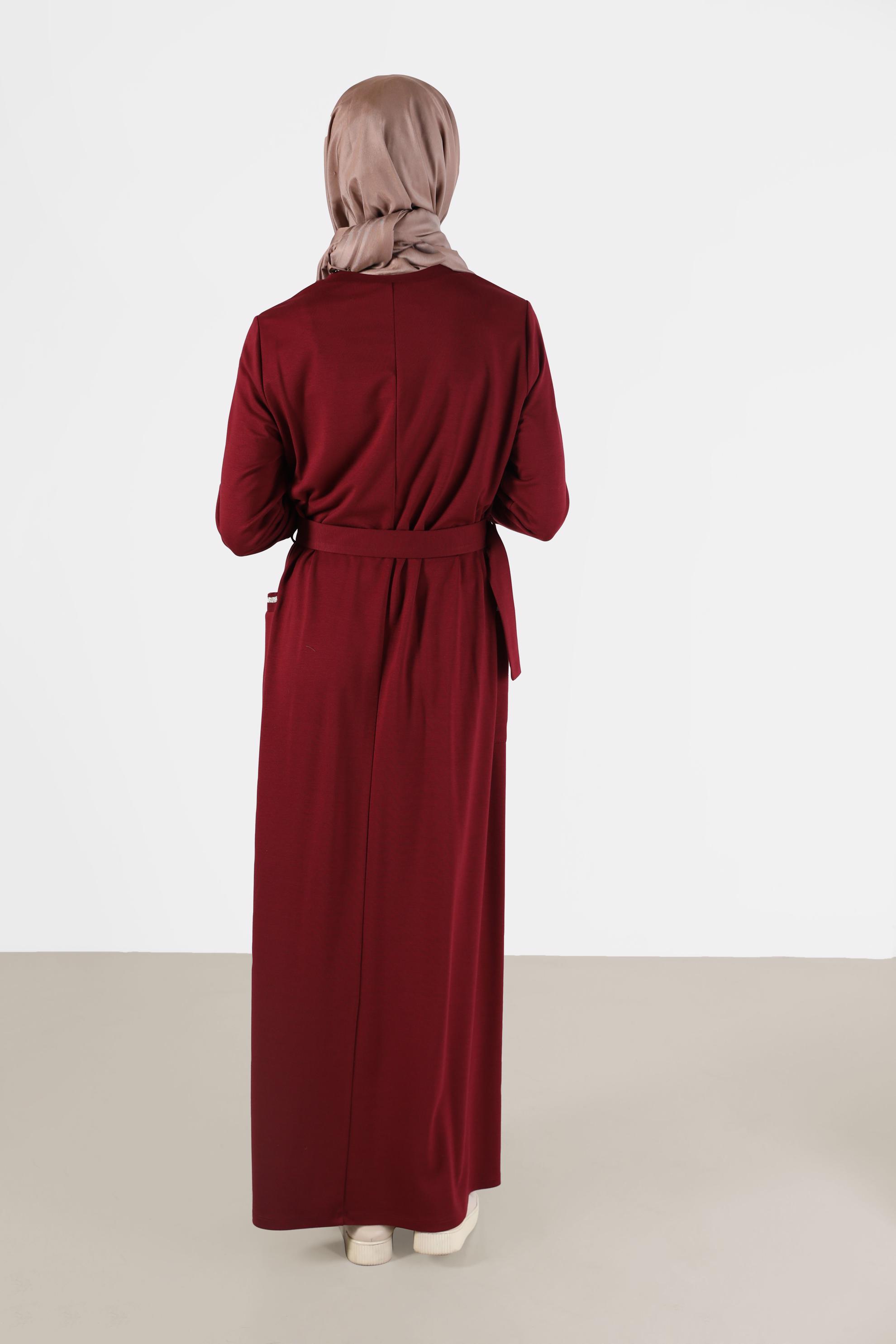 Tesettür giyim BORDO MANŞETLERİ LASTİKLİ BELİ KUŞAKLI ELBİSE 42410 