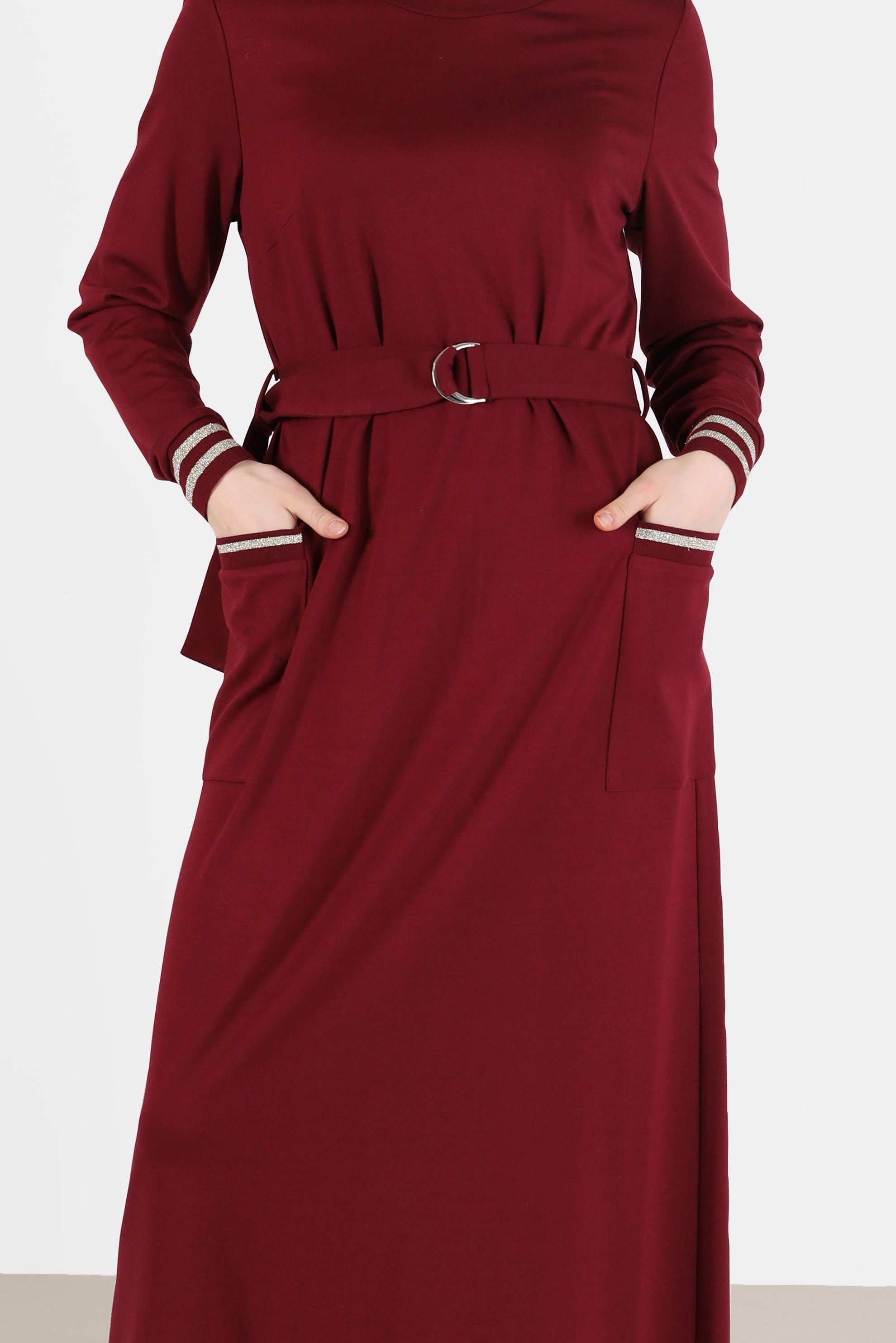 Tesettür giyim BORDO MANŞETLERİ LASTİKLİ BELİ KUŞAKLI ELBİSE 42410 